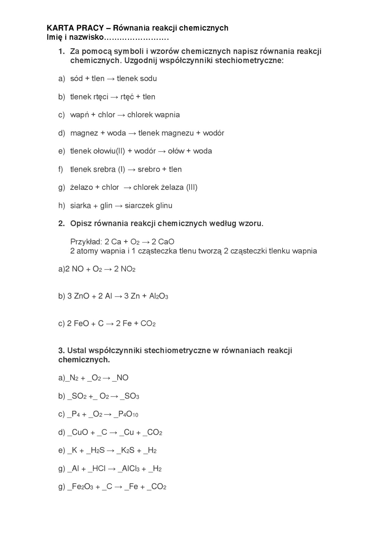 Sprawdzian Chemia Równania Reakcji Chemicznych
