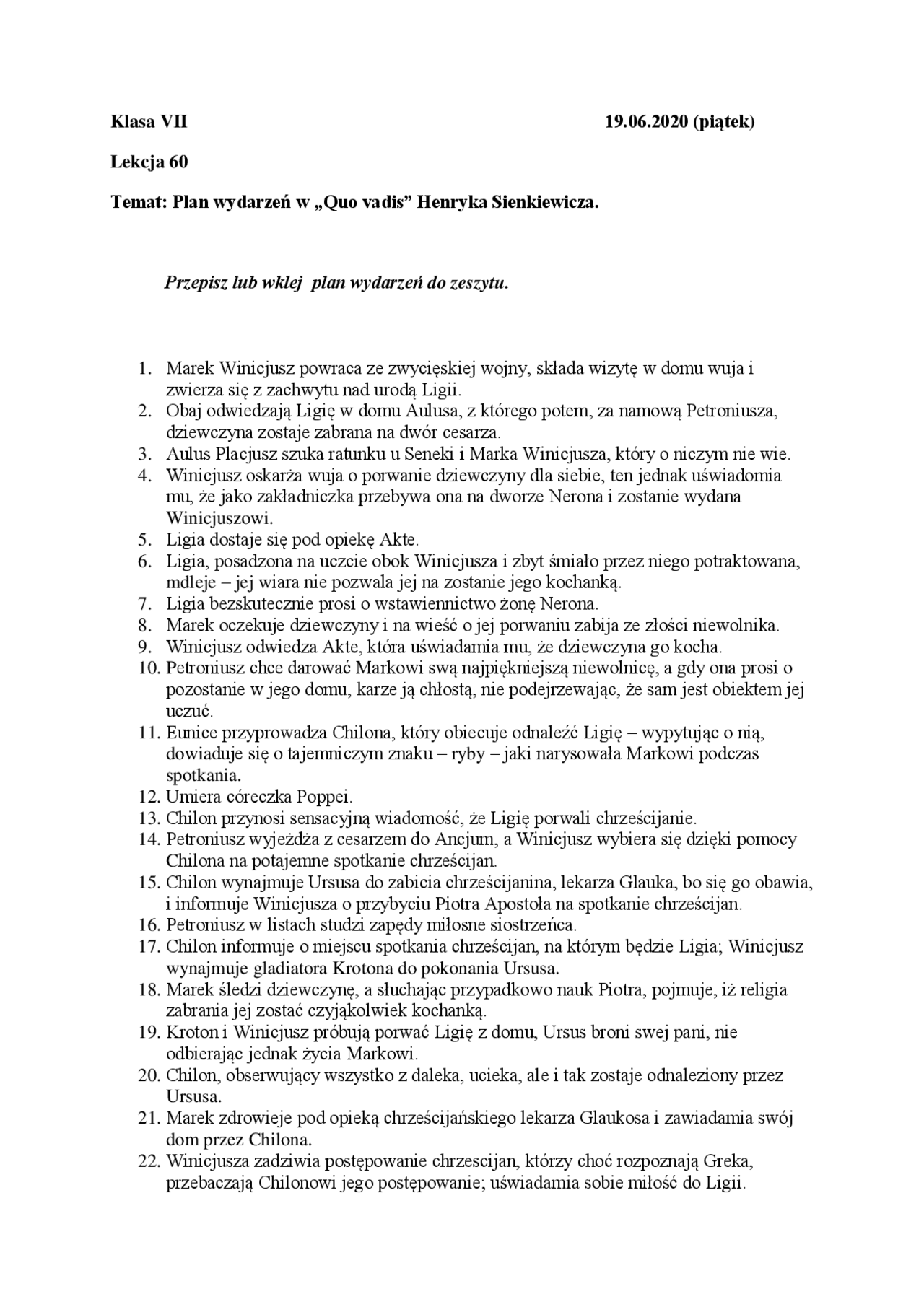 Plan wydarzeń w „Quo vadis” Henryka Sienkiewicza. Przepisz