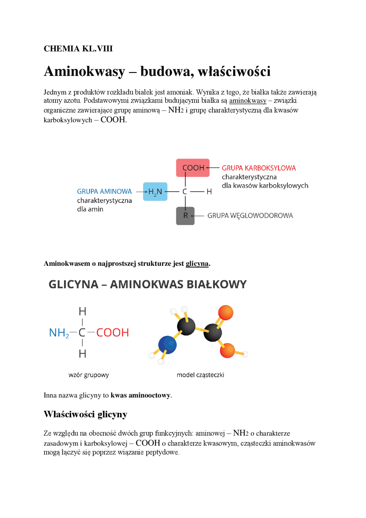 Aminokwasy – budowa, właściwości | Prezentacje Chemia | Docsity
