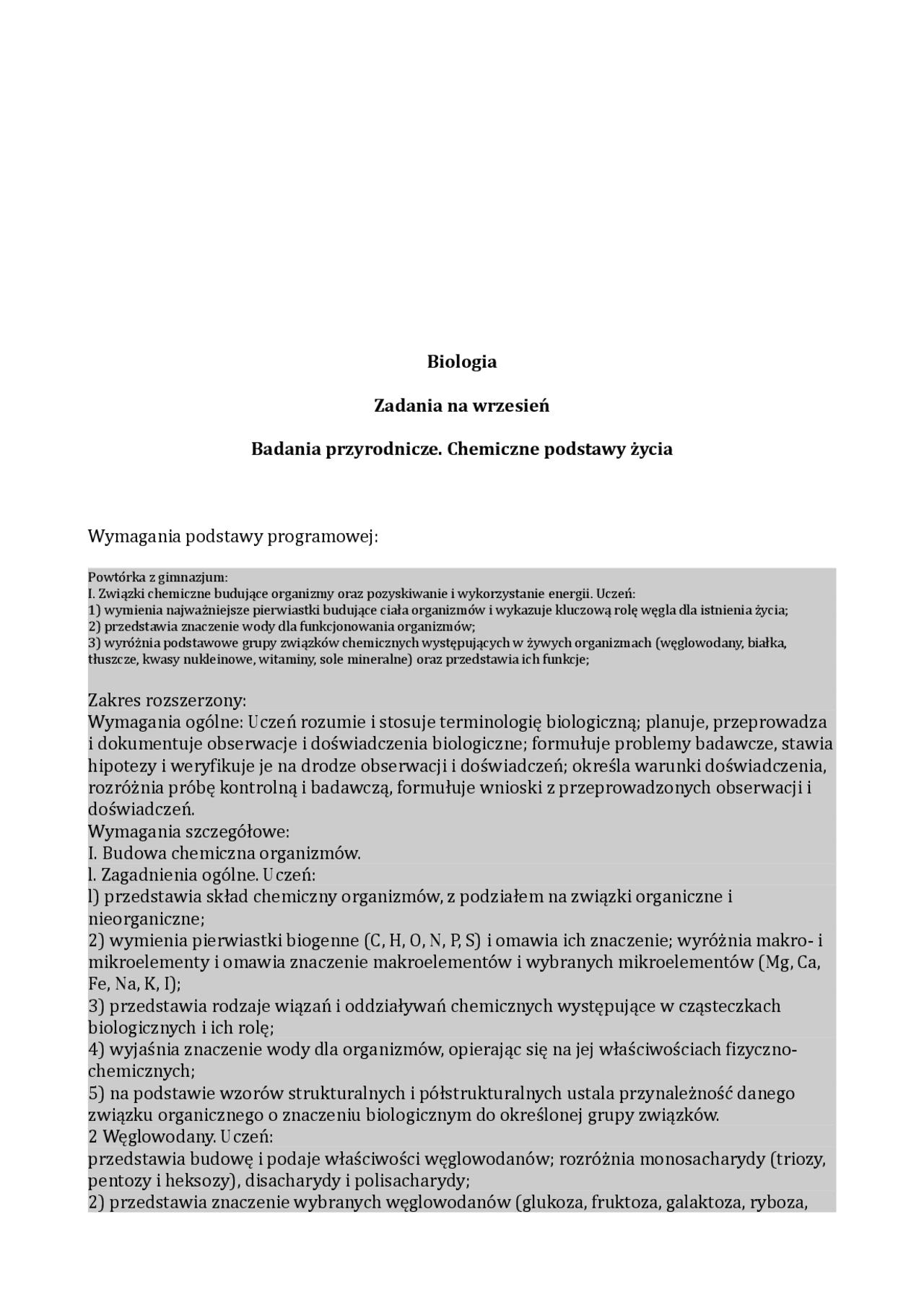 Biologia Zadania na wrzesień Badania przyrodnicze | Notatki