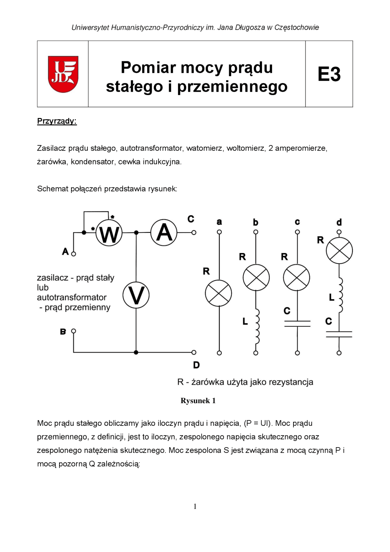 Pomiar mocy prądu stałego i przemiennego | Ćwiczenia Fizyka | Docsity