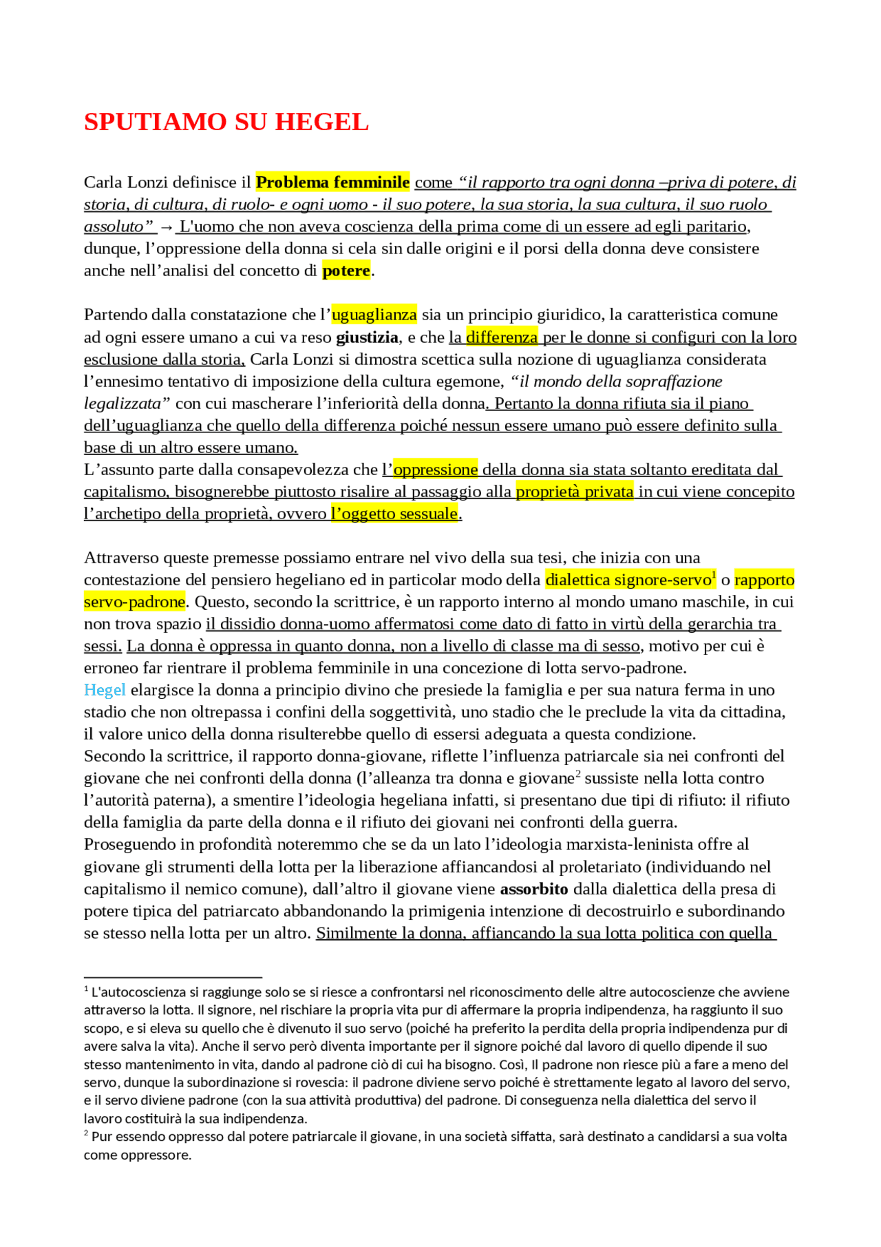 Sputiamo su Hegel, Carla Lonzi Sintesi del corso di Storia Contemporanea Docsity