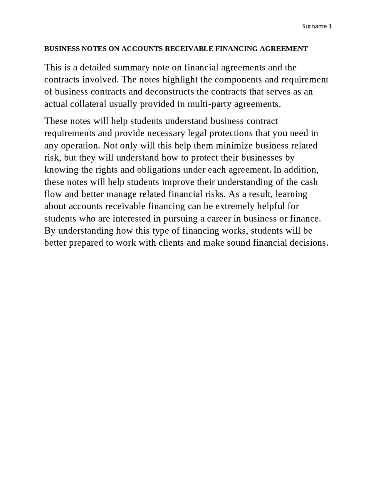 BUSINESS NOTES ON ACCOUNTS RECEIVABLE FINANCING AGREEMENT | Assignments ...