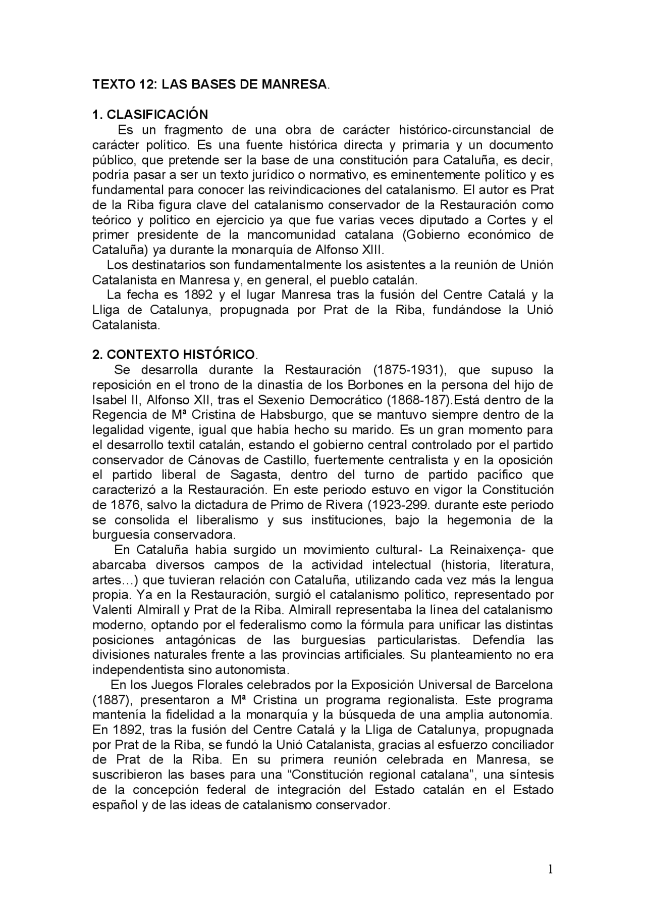 Bases de Manresa, explicación Resúmenes de Historia de España Docsity