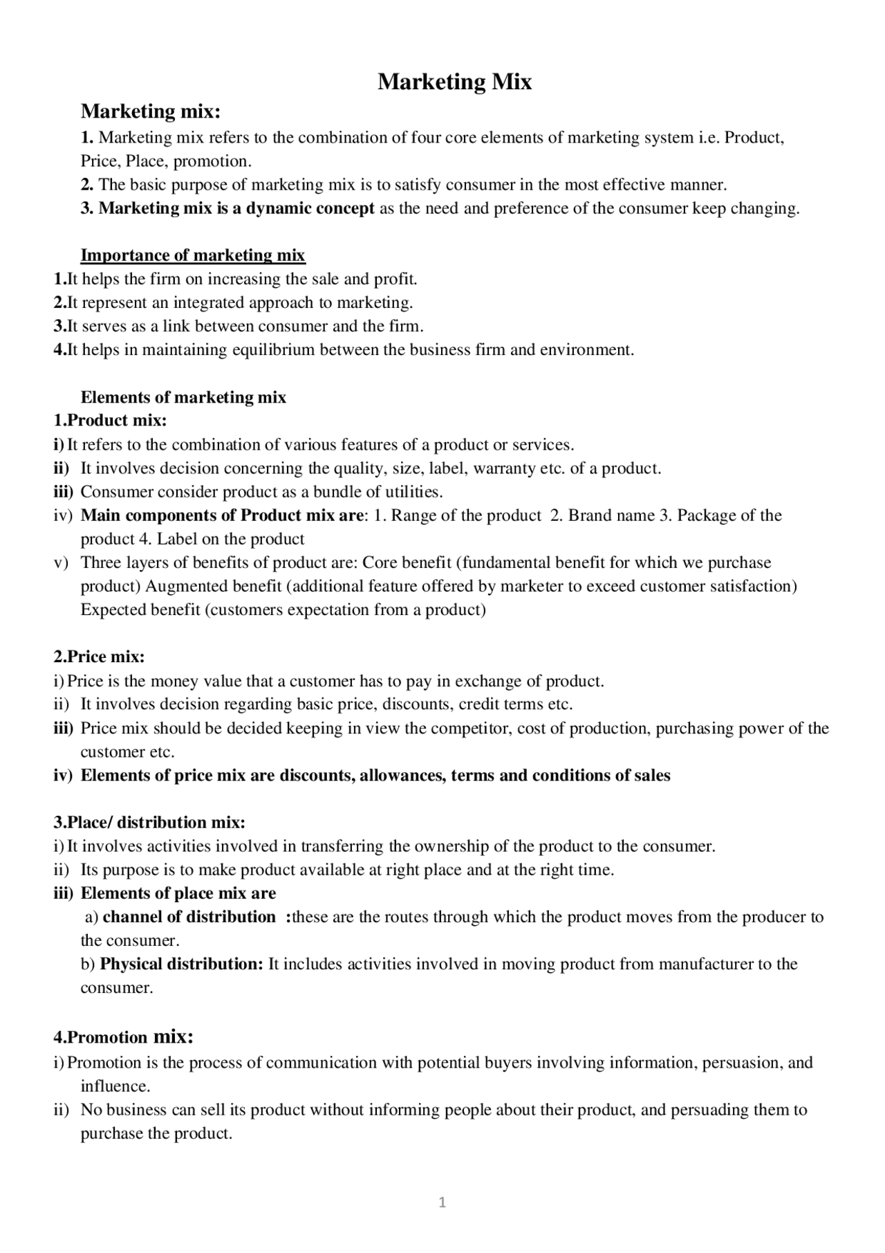 All in one notes for the chapter Marketing Mix, which is very essential ...