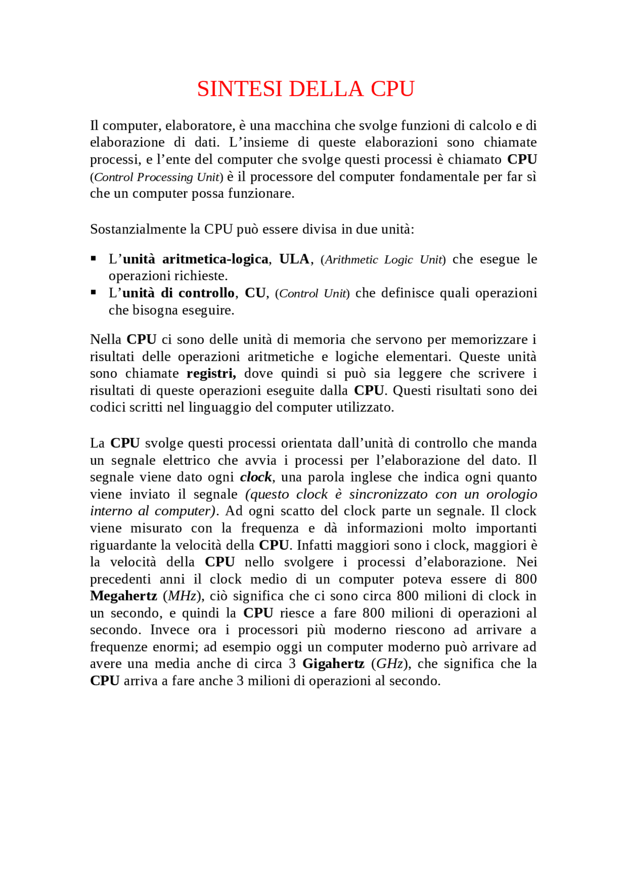 La sintesi della CPU | Schemi e mappe concettuali di Informatica | Docsity