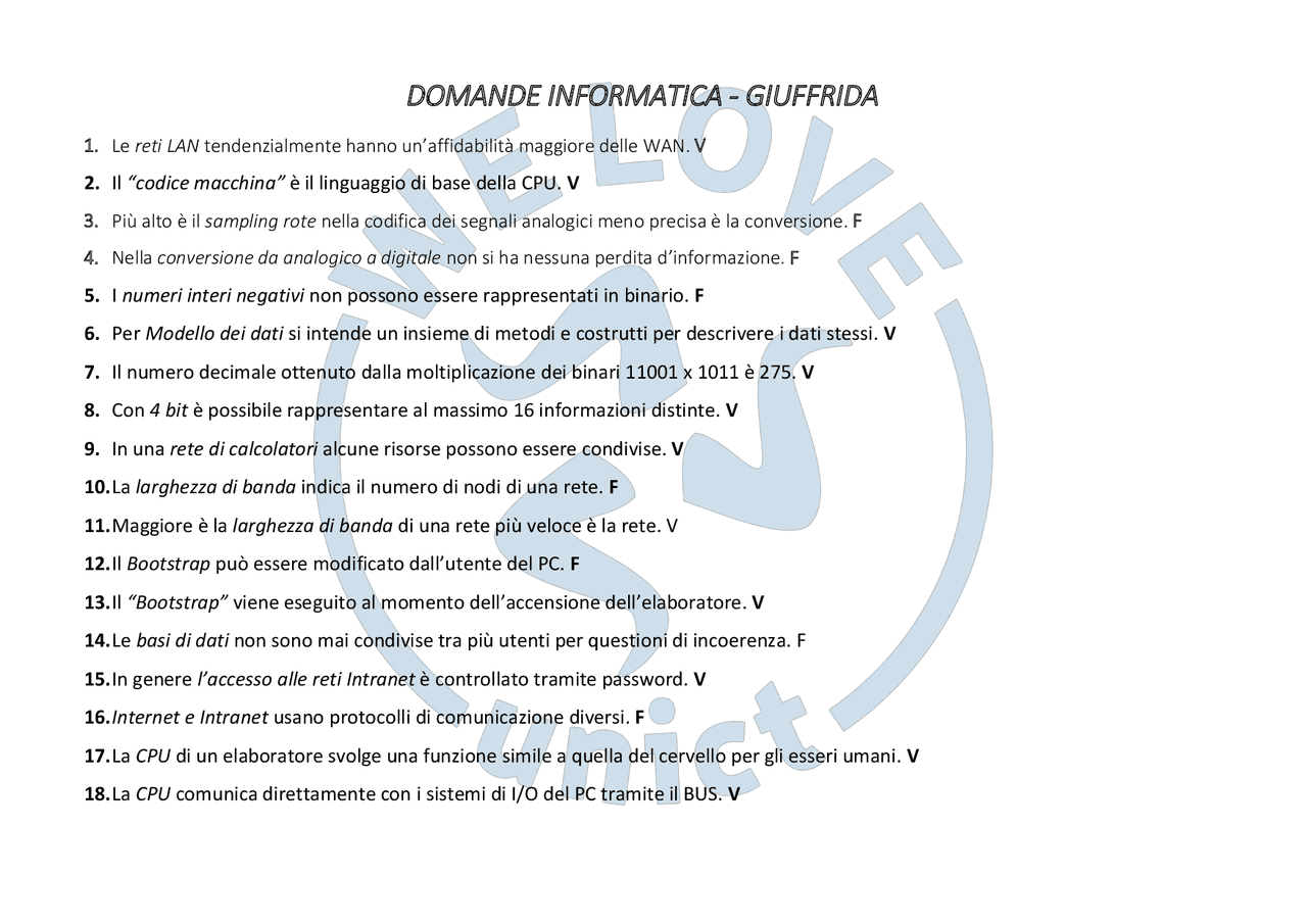 Risposte V/F esame informatica 2022 | Dispense di Database Relazionali