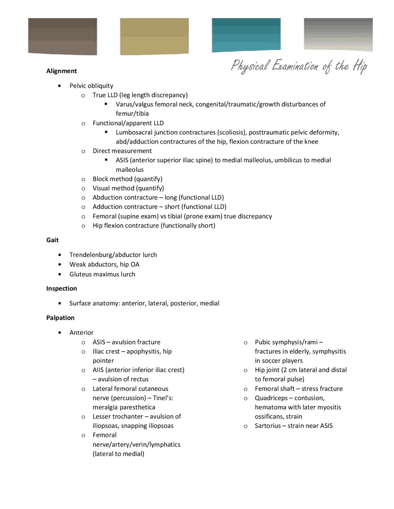 Physical Examination of the Hip | Summaries Anatomy | Docsity