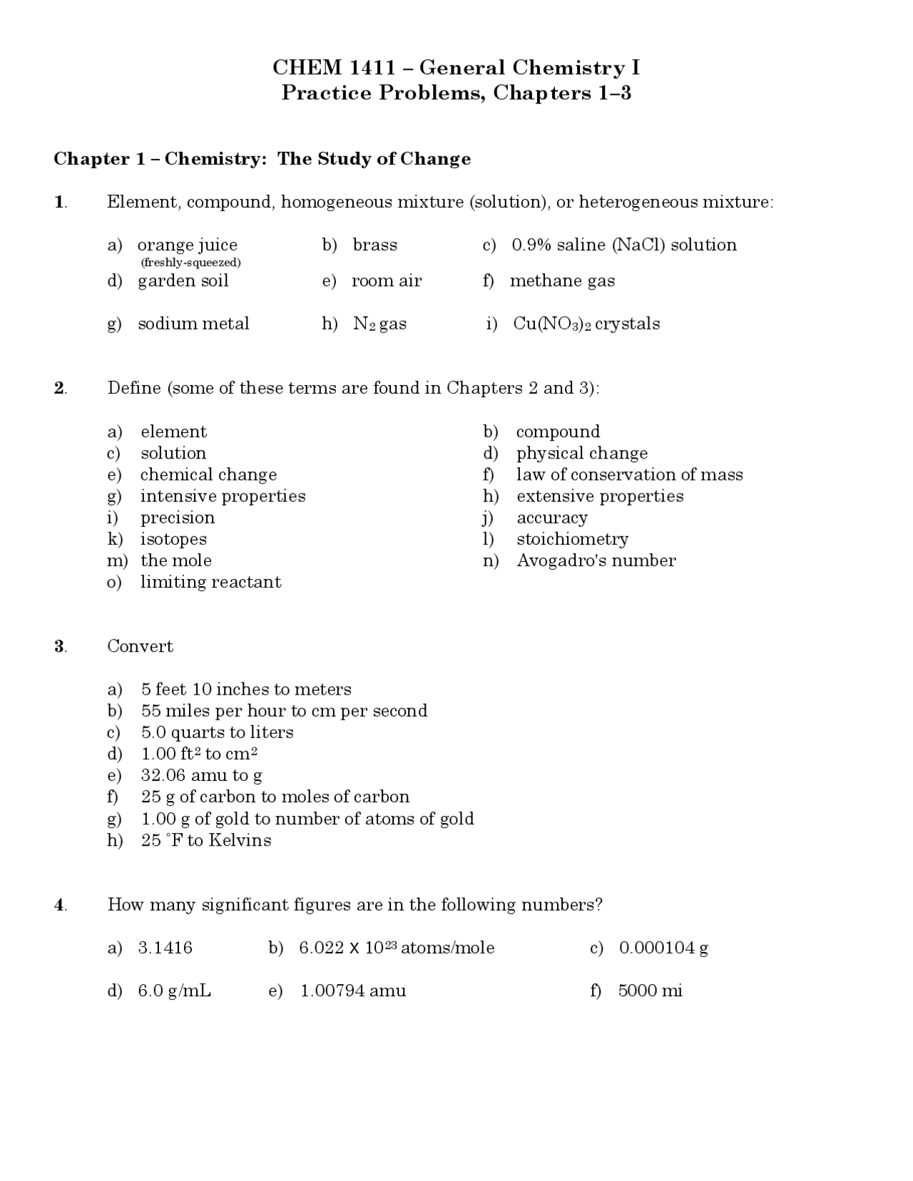 General Chemistry I Practice Problems, Chapters 1–3 | Schemes and Mind ...