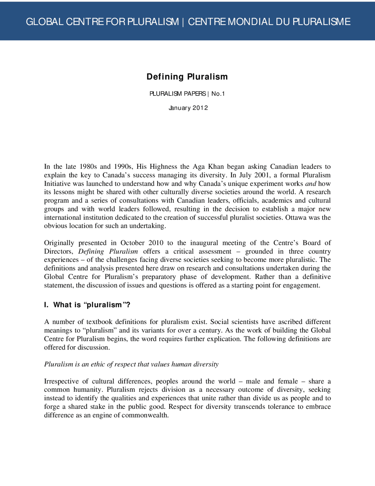 Centre Mondial Du Pluralisme Study Notes Law Docsity