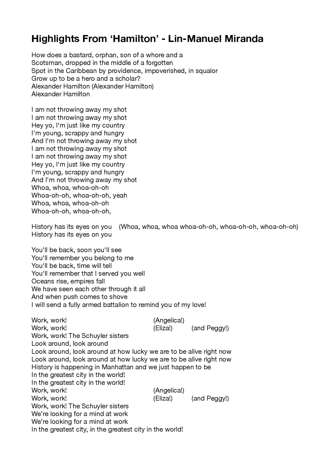 My Fingers They Itchin For That Paper Lyrics Highlights from 'Hamilton' Lyrics | Exercises Music | Docsity