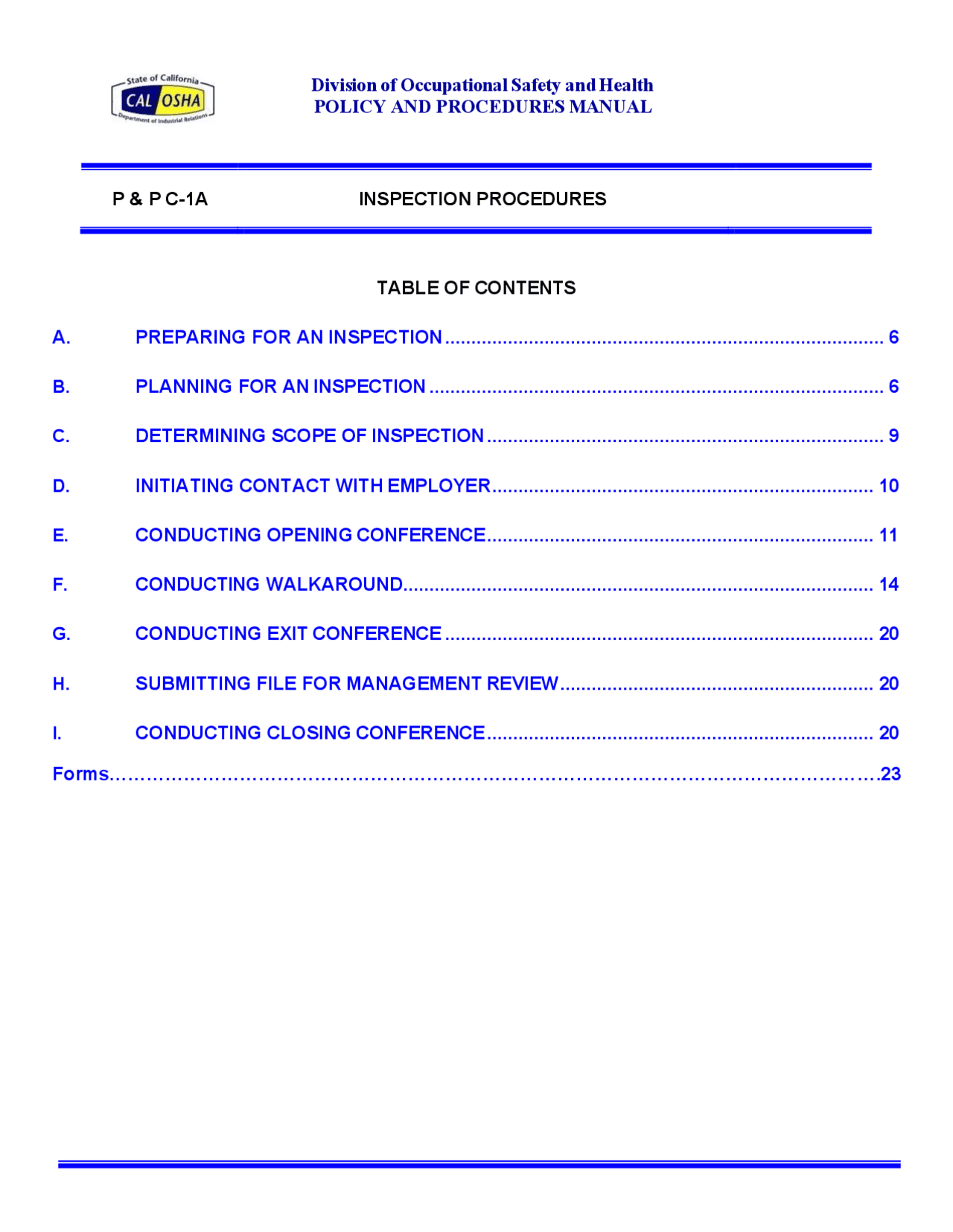 Pacp Inspection Form Examples INSPECTION PROCEDURES P&P C-1A | Study notes Construction | Docsity