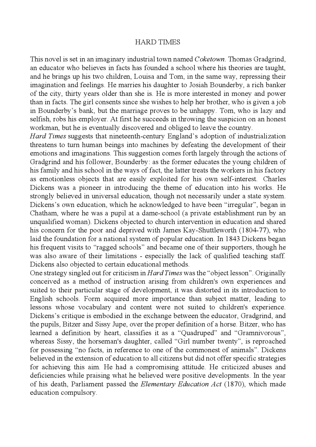 Riassunto hard times | Appunti di Inglese | Docsity