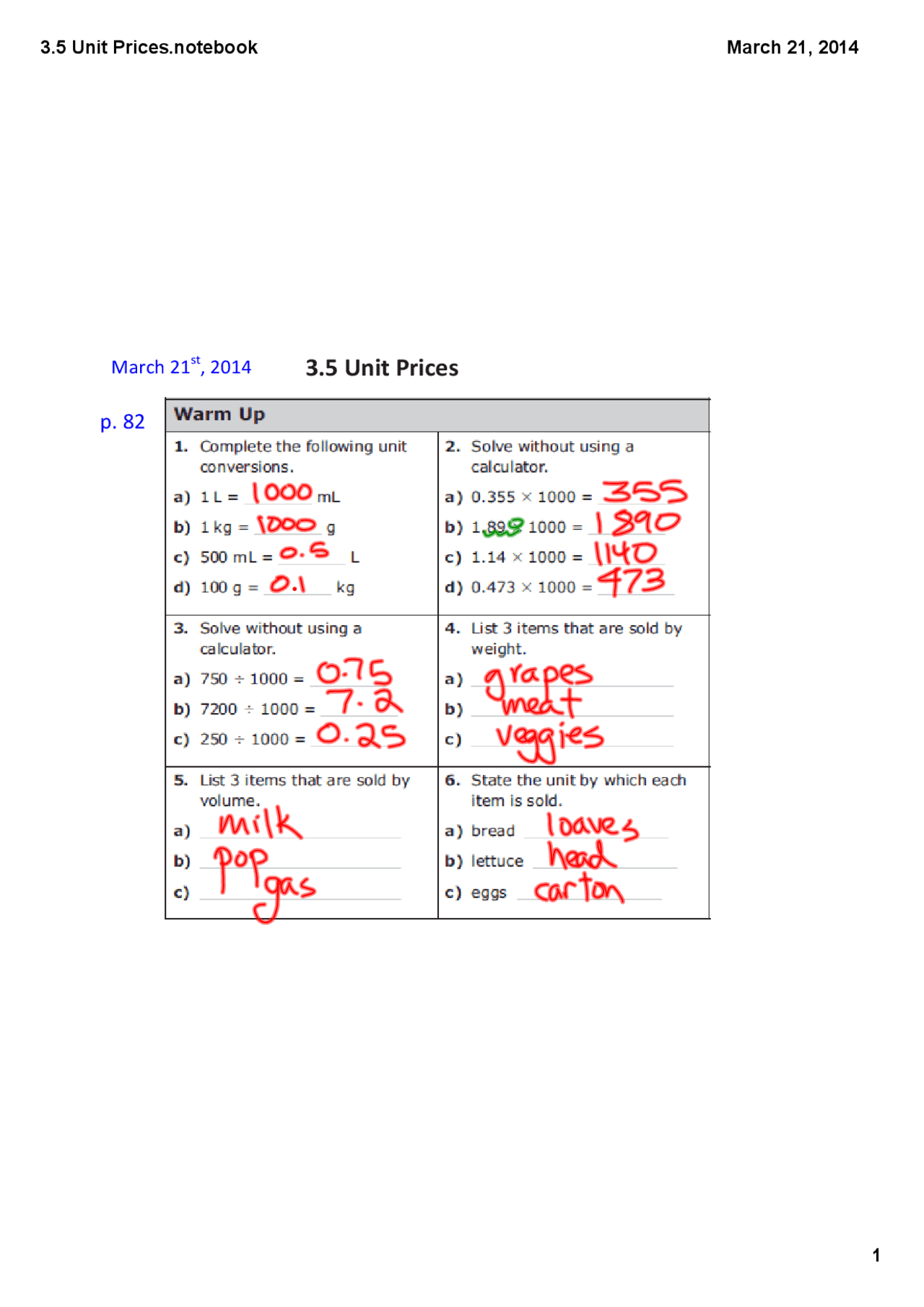 3.5 Unit Prices.notebook | Exercises Science education | Docsity