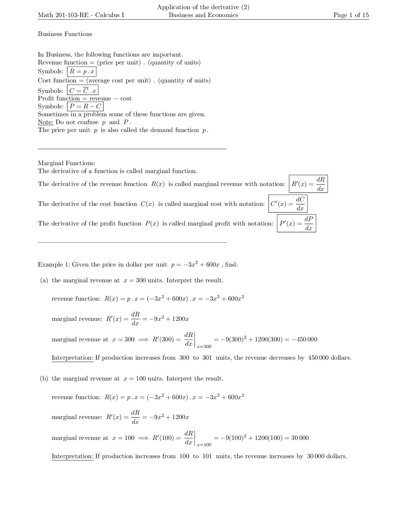 Math 201-103-RE | Lecture notes Calculus | Docsity
