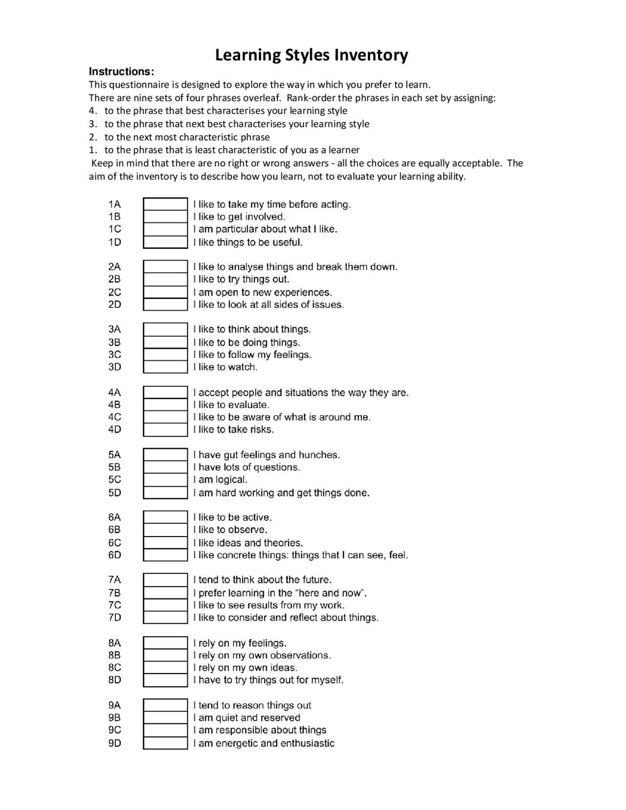 Learning Styles Inventory | Exercises Acting | Docsity