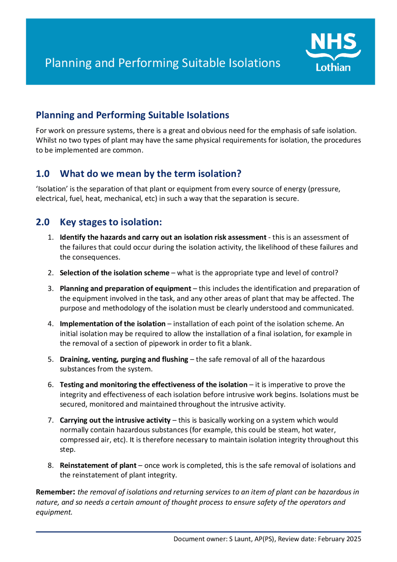 Planning and Performing Suitable Isolations Procedure | Exams ...