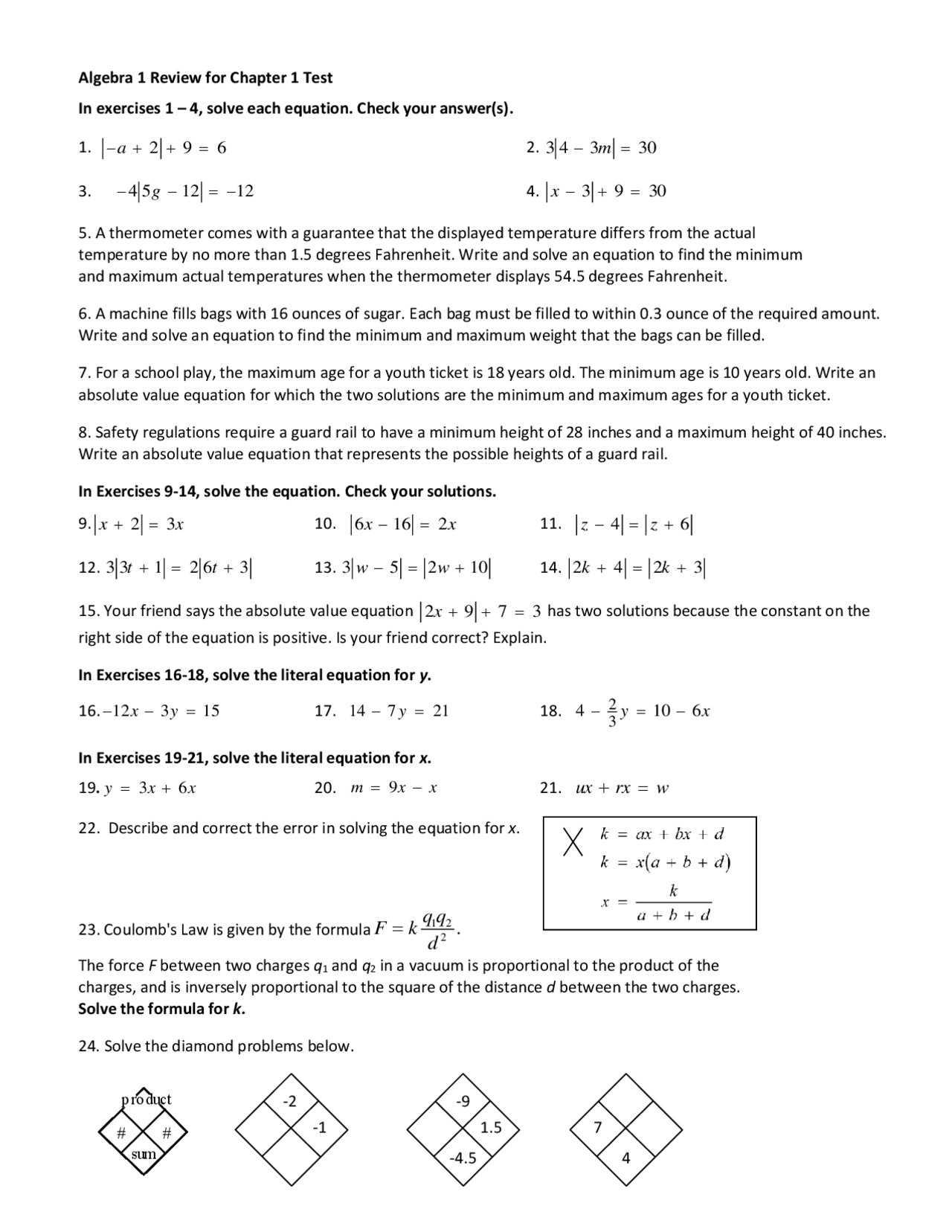 Algebra 1 Review for Chapter 1 Test | Study notes Algebra | Docsity