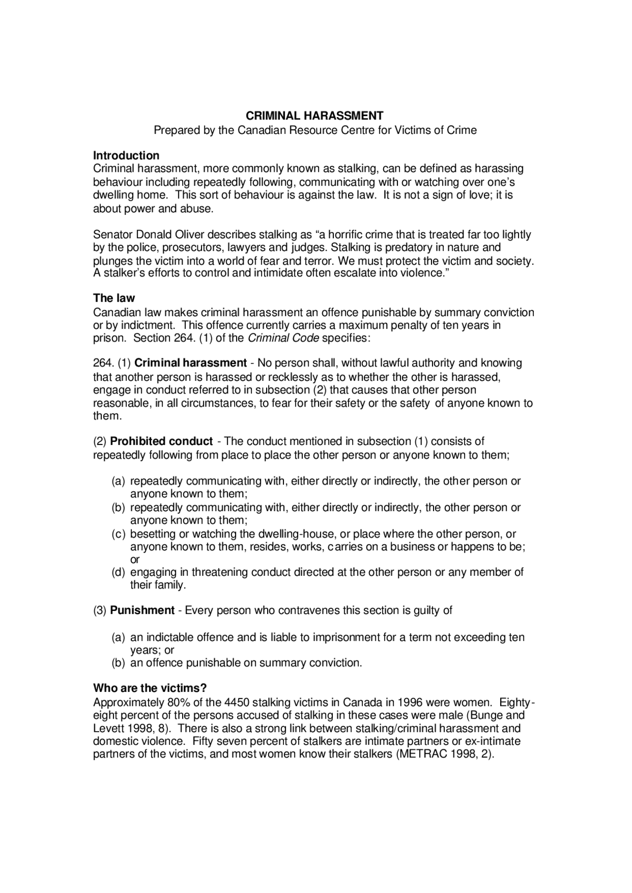 Harassment Interview Notes Criminal harassment | Study notes Law | Docsity