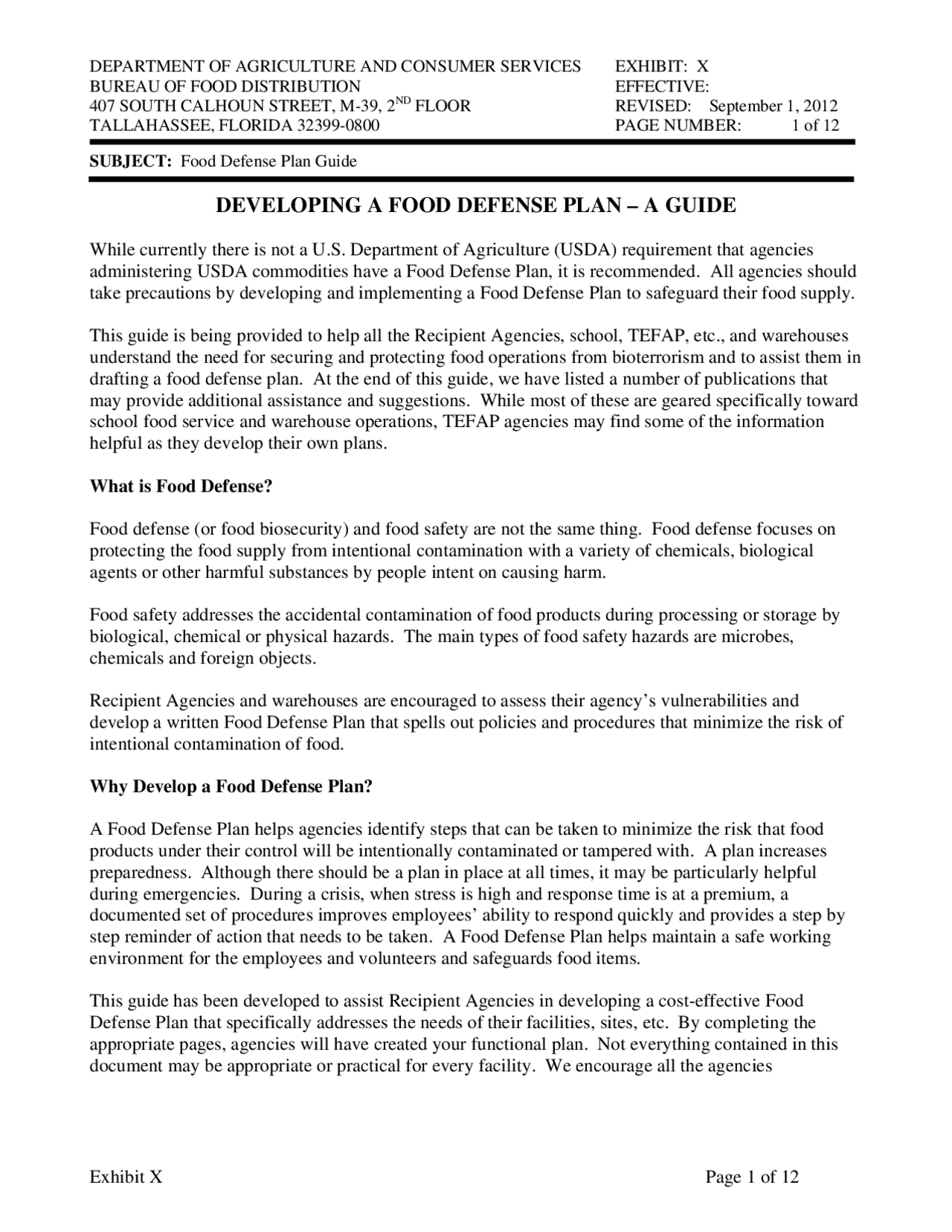 DEVELOPING A FOOD DEFENSE PLAN – A GUIDE | Exercises Law | Docsity