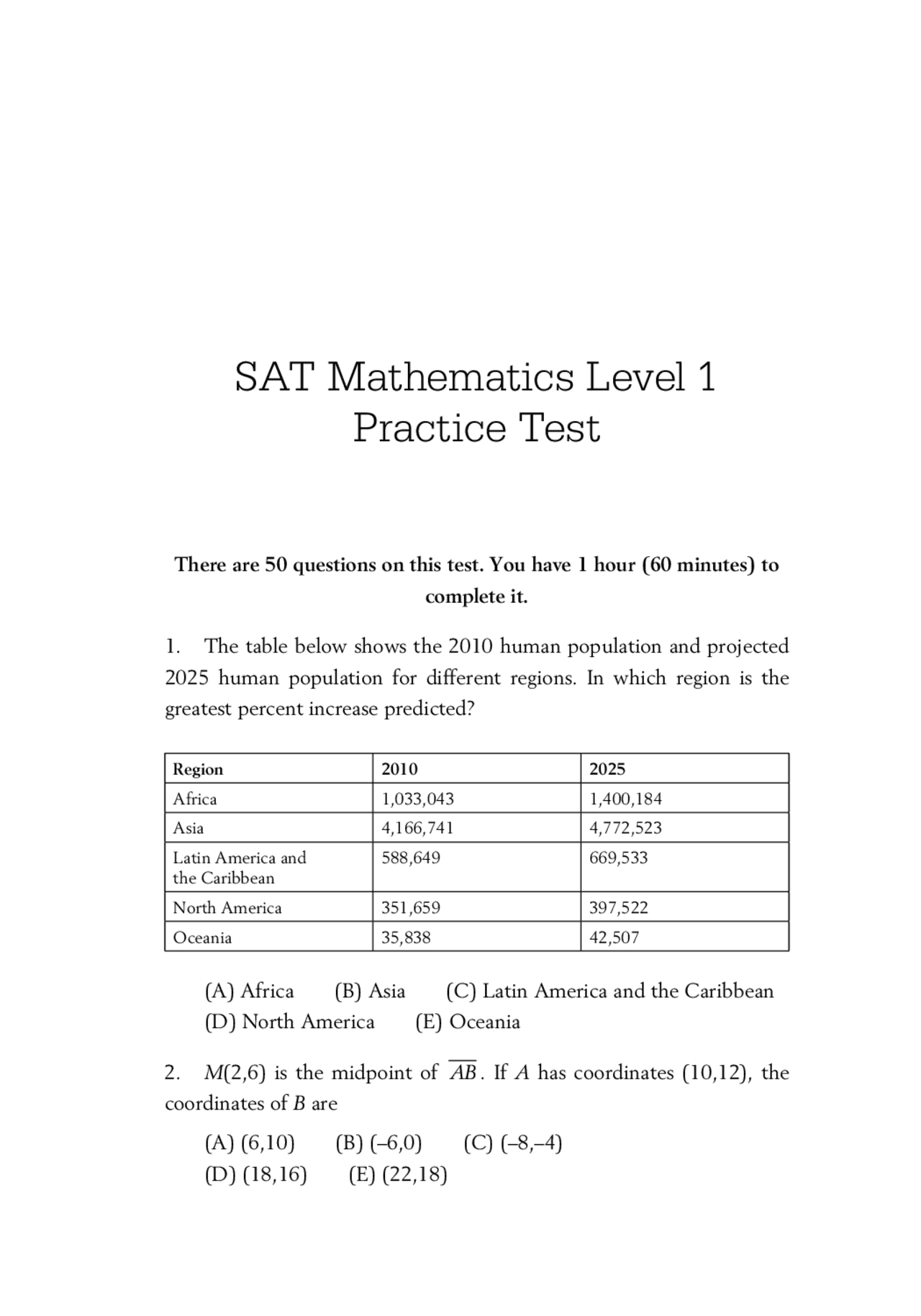 SAT Mathematics Level 1 Practice Test | Exams Mathematics | Docsity