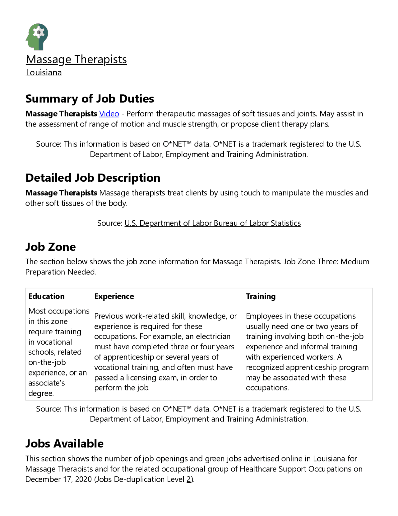 Massage Therapists Summary of Job Duties Detailed Job ... | Summaries ...