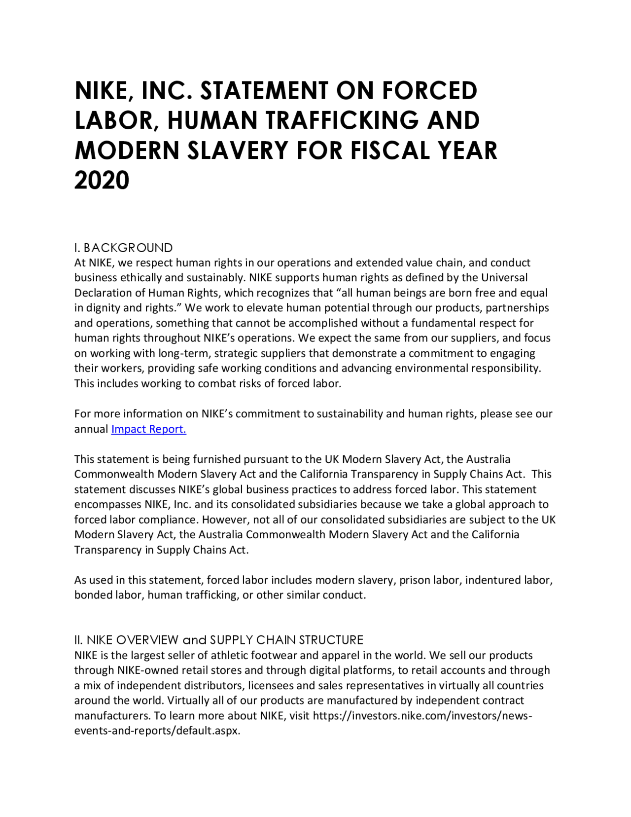 Nike Document NIKE, INC. STATEMENT ON FORCED LABOR, HUMAN ... | Schemes and Mind Maps ...