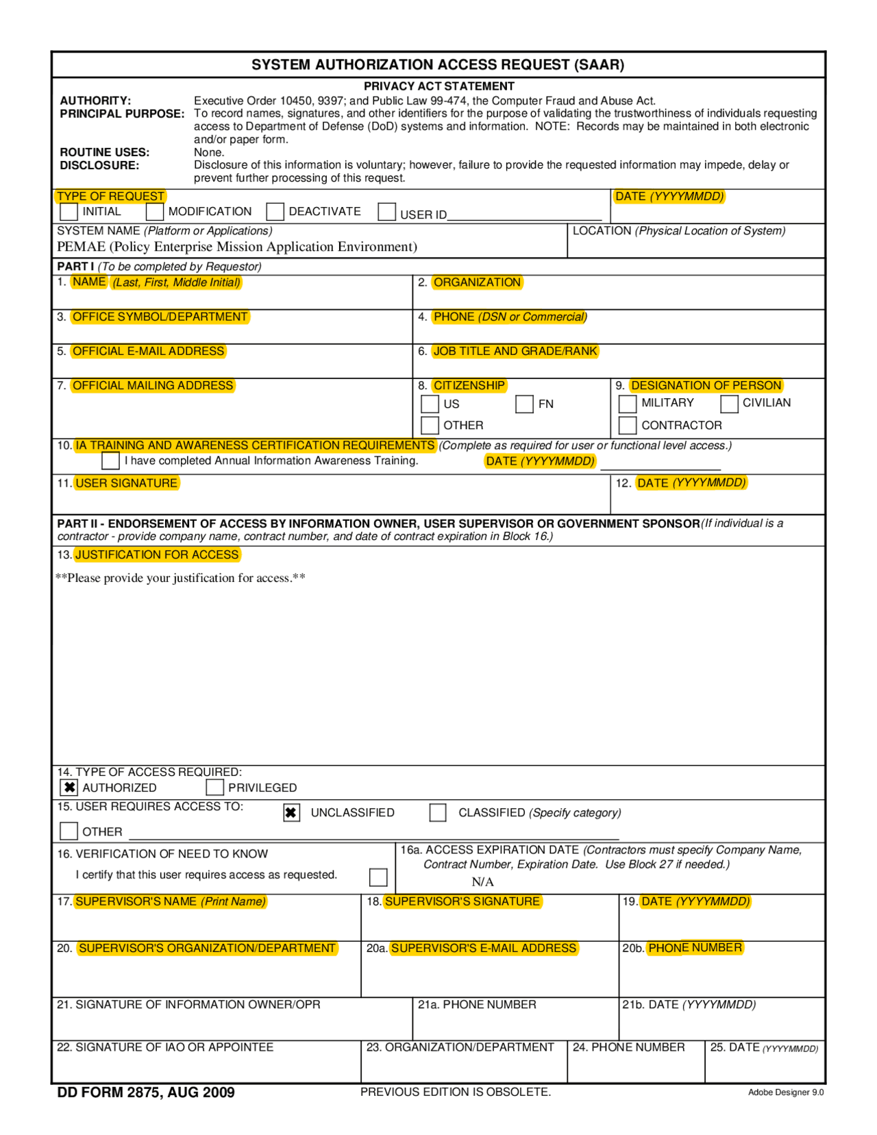 Dd Form 2875 System Authorization Access Request August Schemes