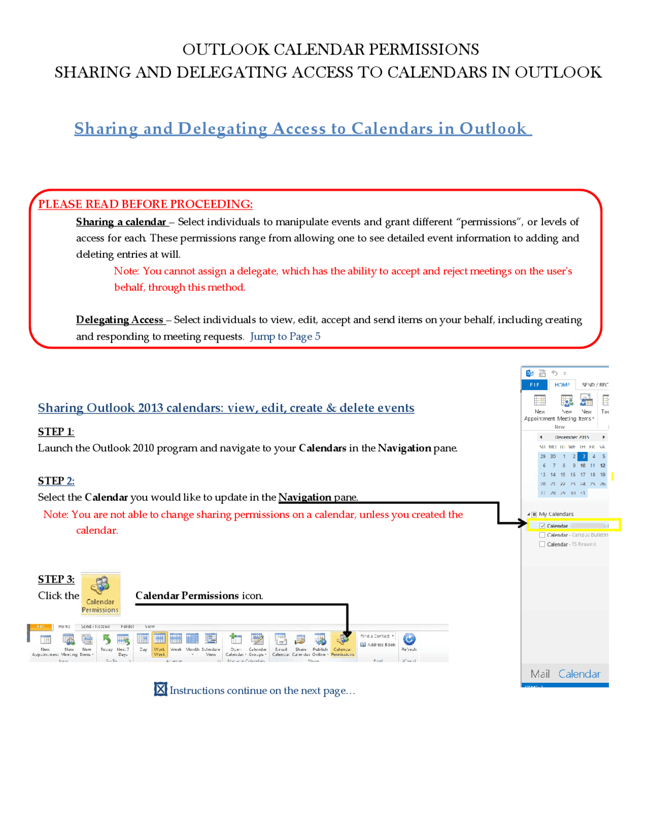 Outlook calendar permissions sharing and delegating access