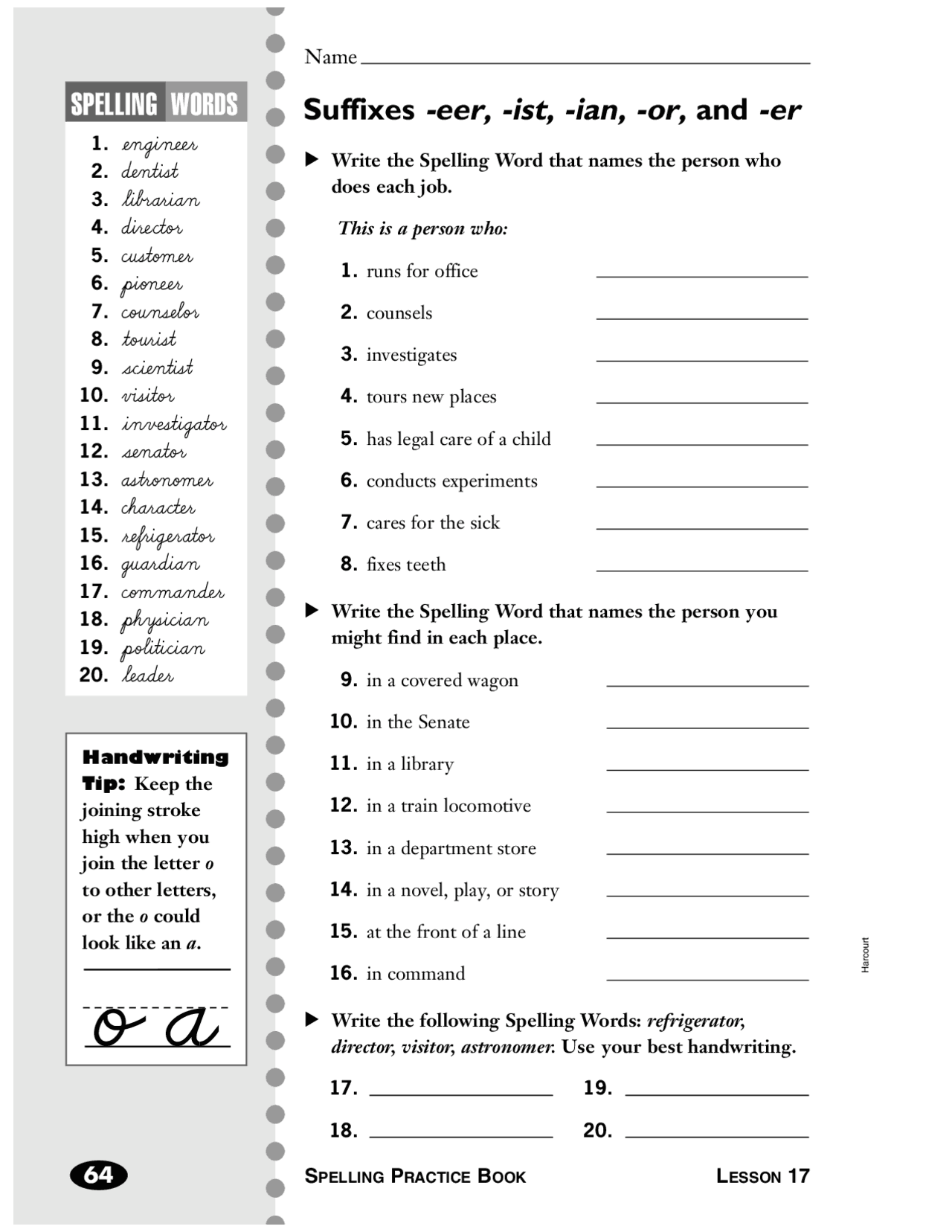SPELLING WORDS Suffixes -eer, -ist, -ian, -or, and -er | Summaries ...