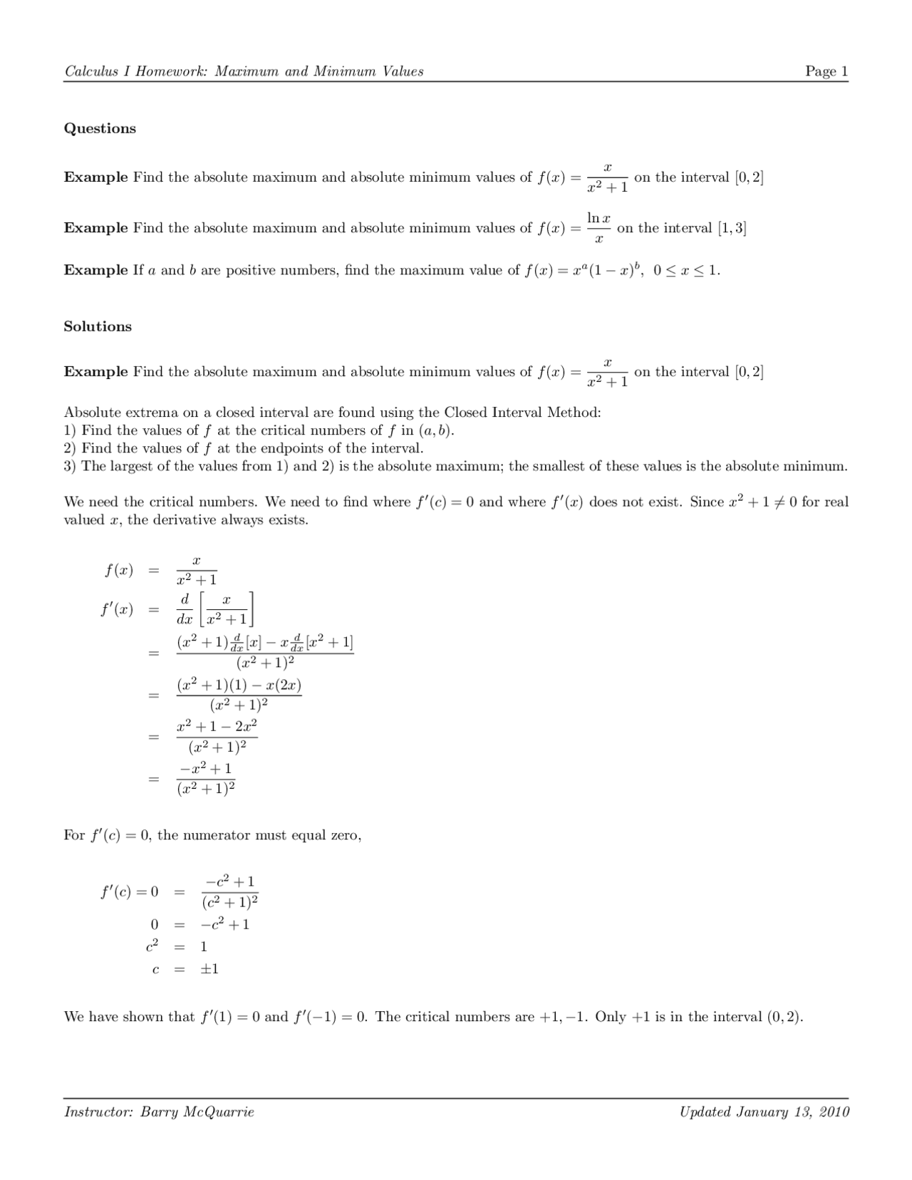 Minimal Math Notes Calculus I Homework: Maximum and Minimum Values | Study notes Calculus ...