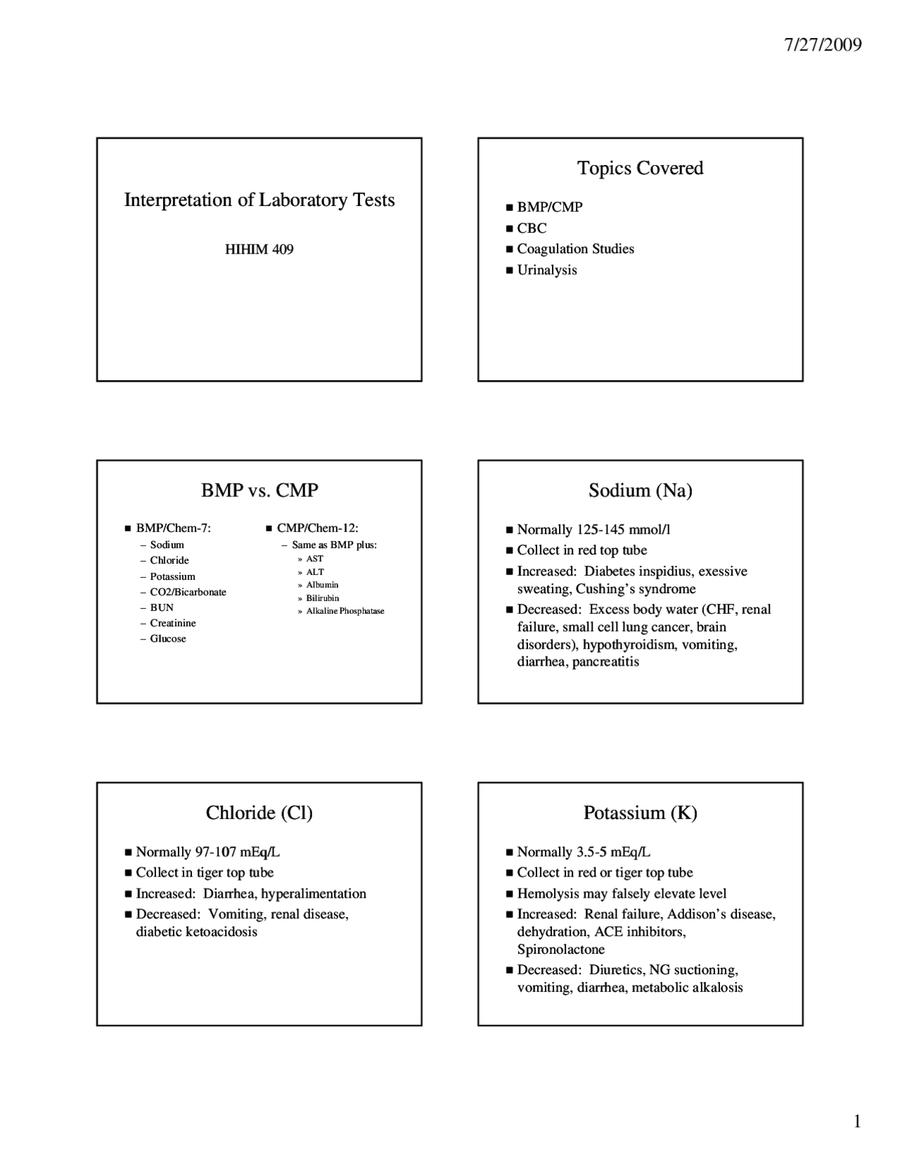 Interpretation of Laboratory Tests Topics Covered BMP vs ... | Exams ...