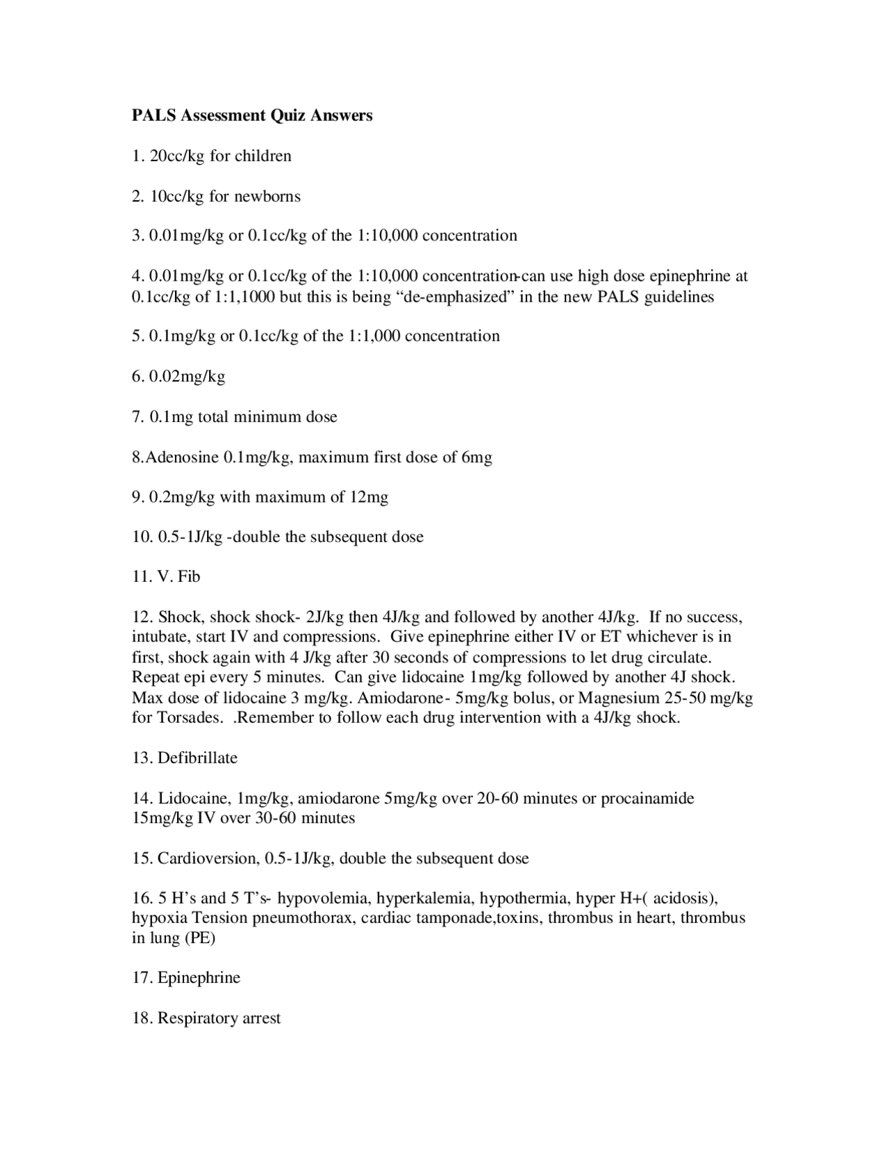 PALS Assessment Quiz Answers | Exams Chemistry | Docsity