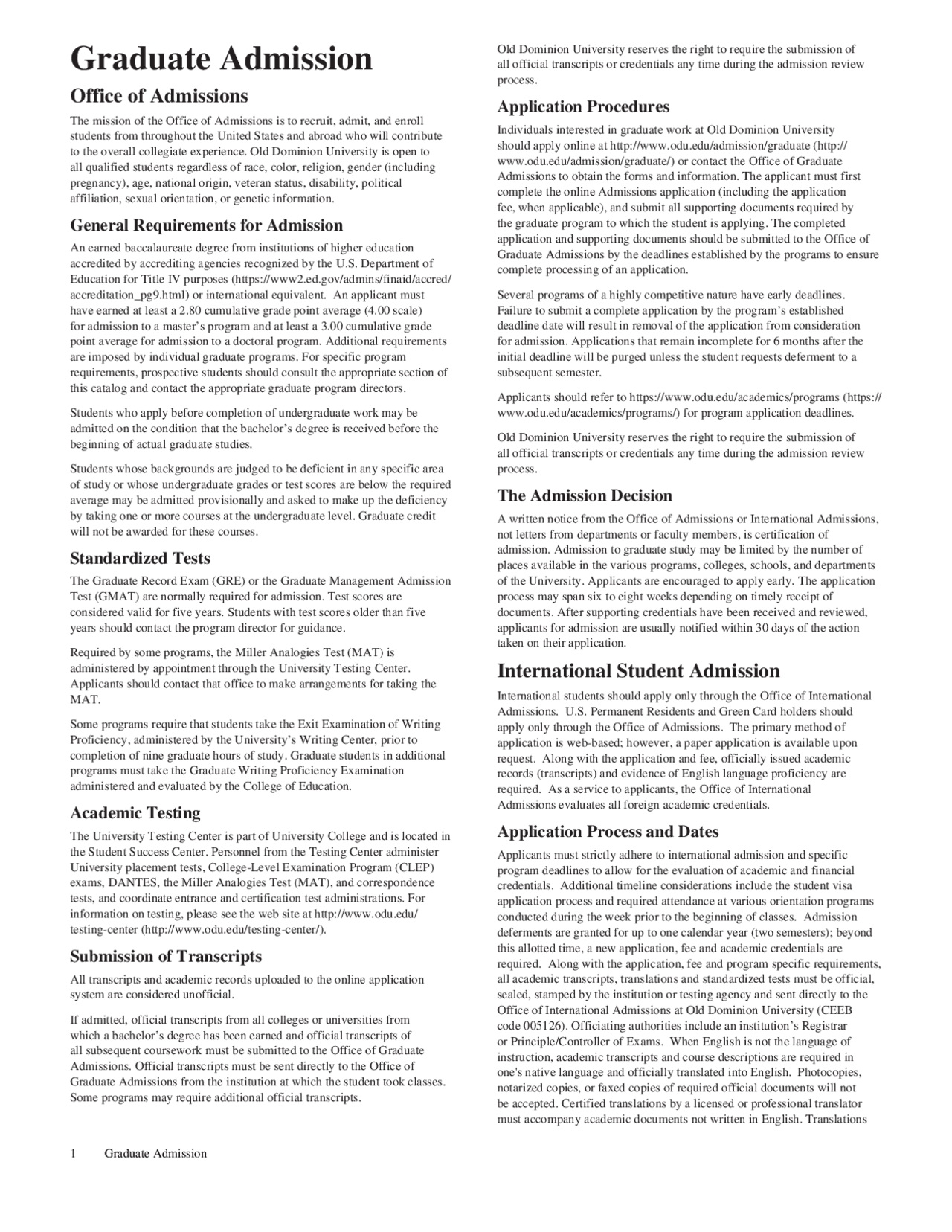 Graduate Admission Old Dominion University Study notes English