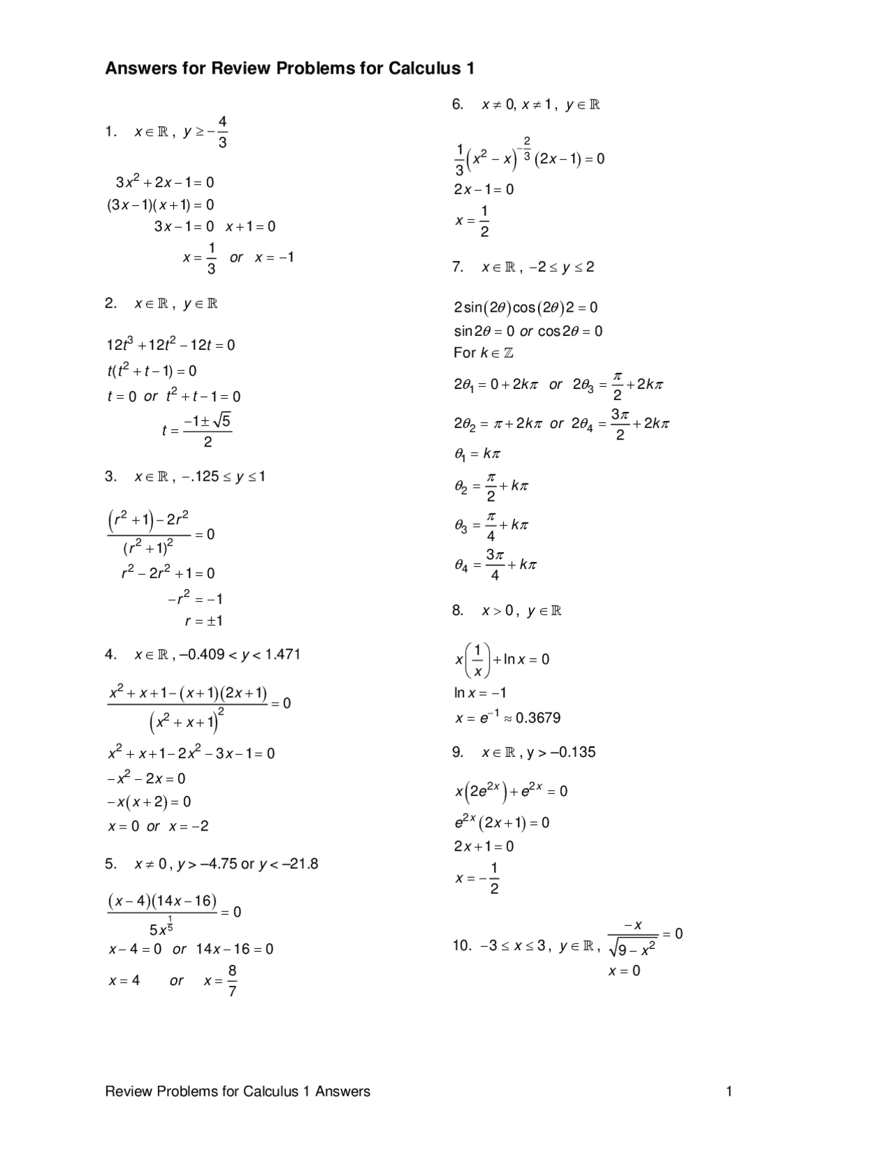 Answers for Review Problems for Calculus 1 | Exams Calculus | Docsity