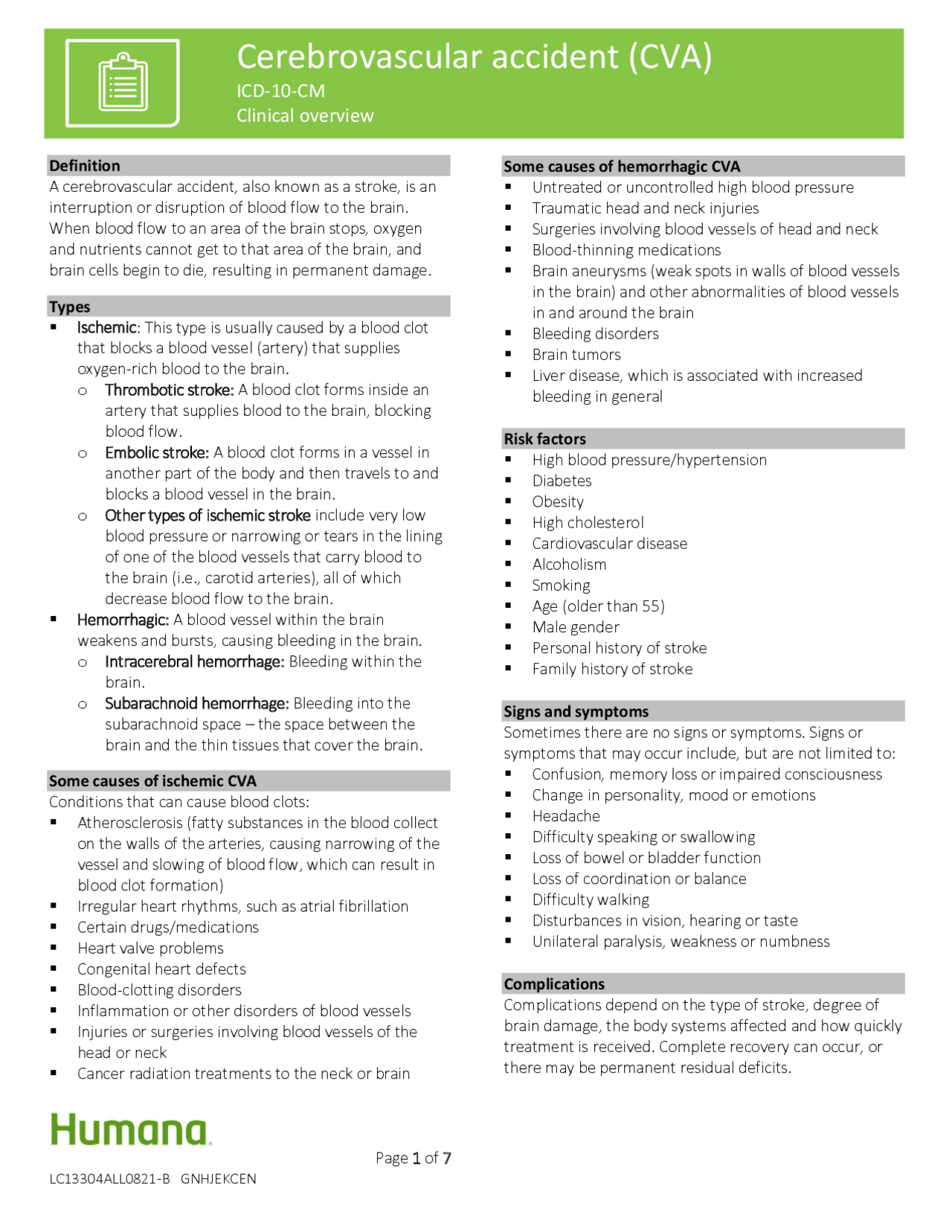 Cerebrovascular accident (CVA) | Lecture notes History | Docsity