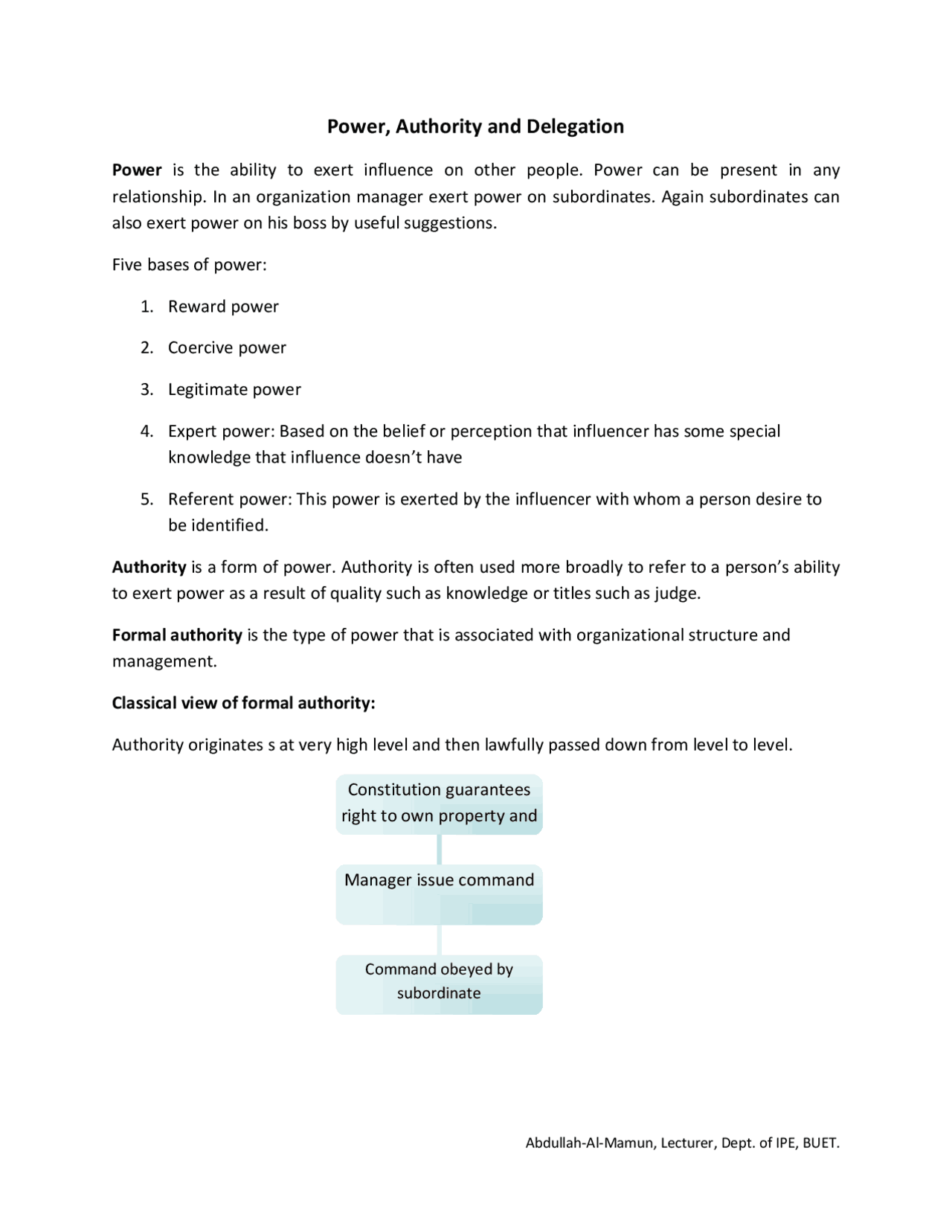 Exercise Authority Examples Power, Authority and Delegation | Exercises Marketing | Docsity