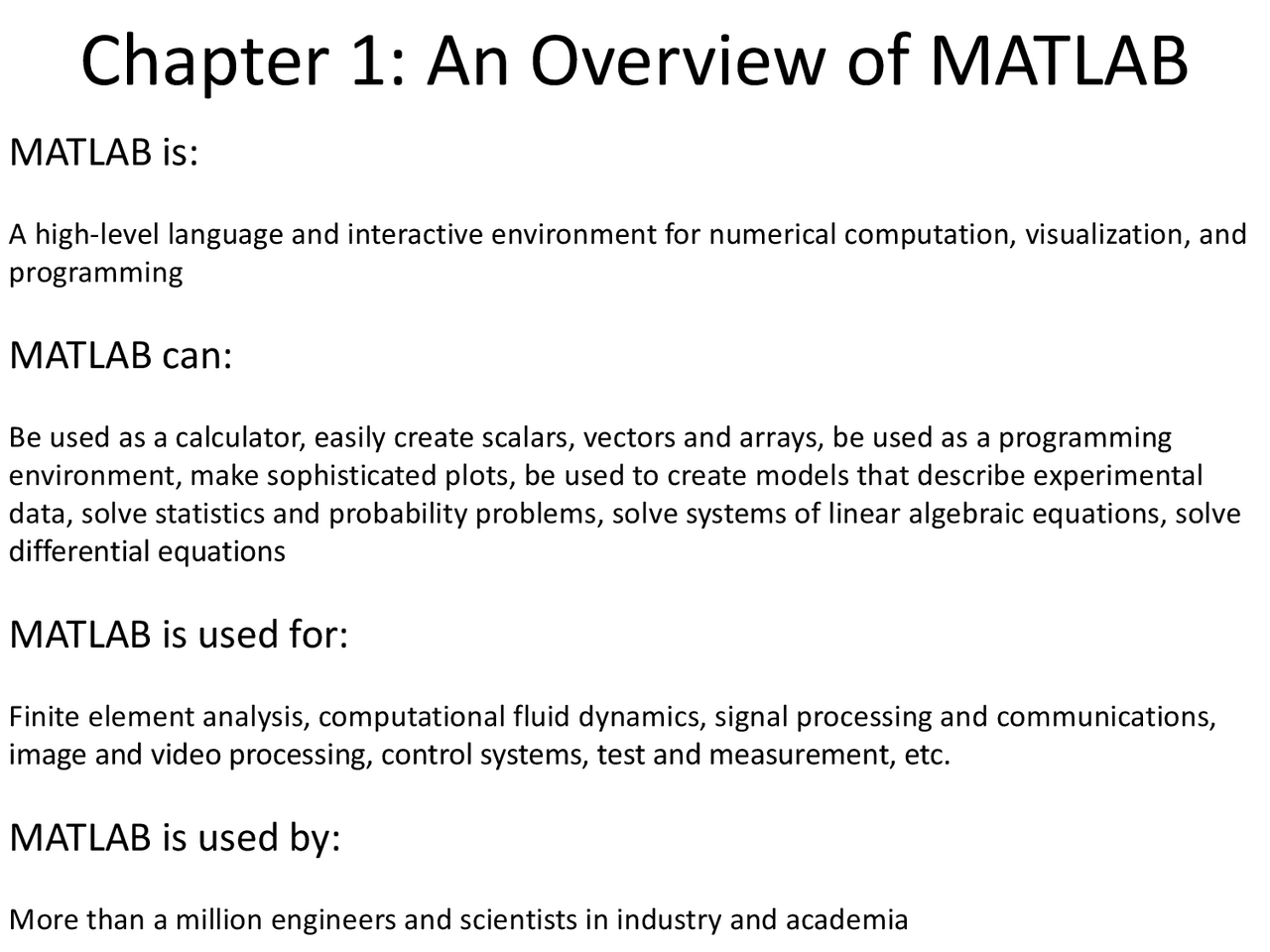Chapter 1: An Overview of MATLAB | Summaries History | Docsity
