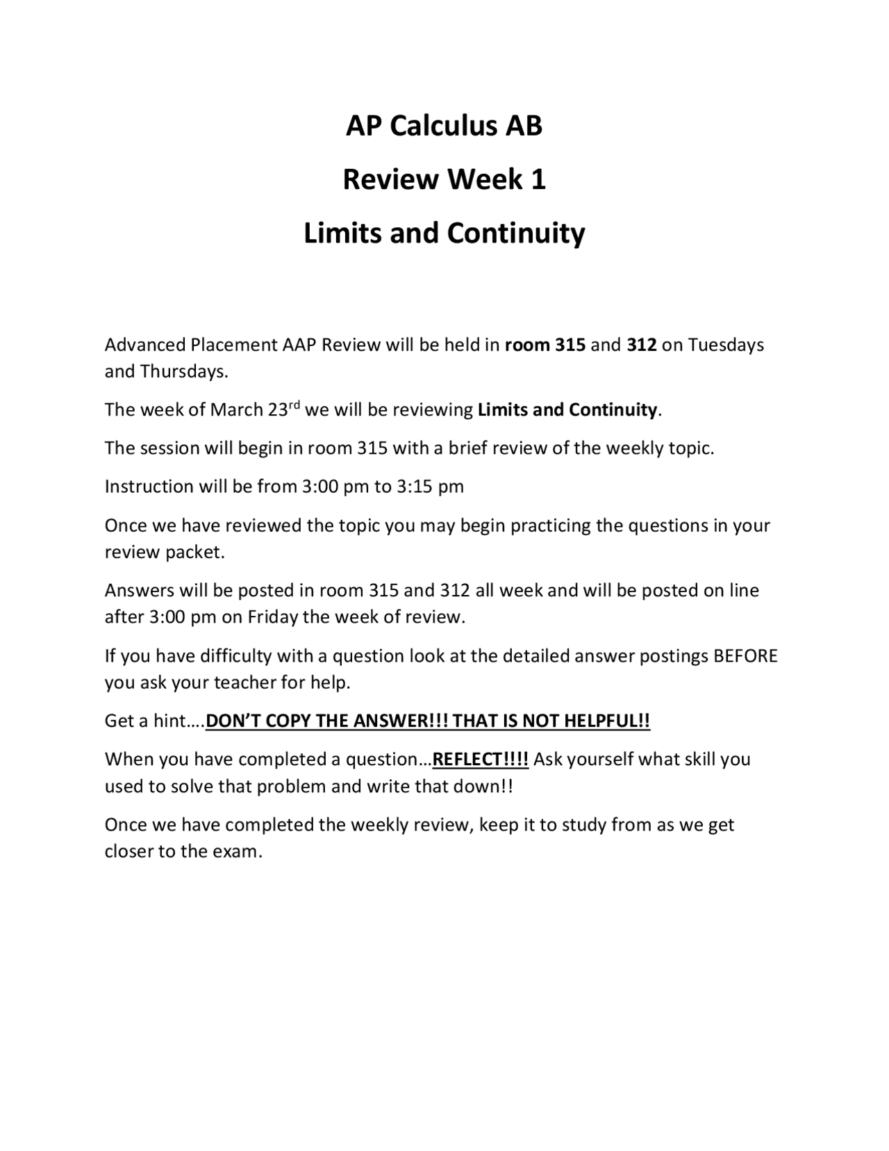 AP Calculus AB Review Week 1 Limits and Continuity | Study notes ...