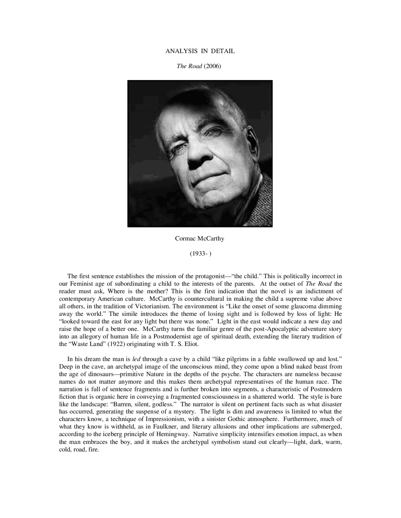 ANALYSIS IN DETAIL The Road (2006) Cormac McCarthy Study notes