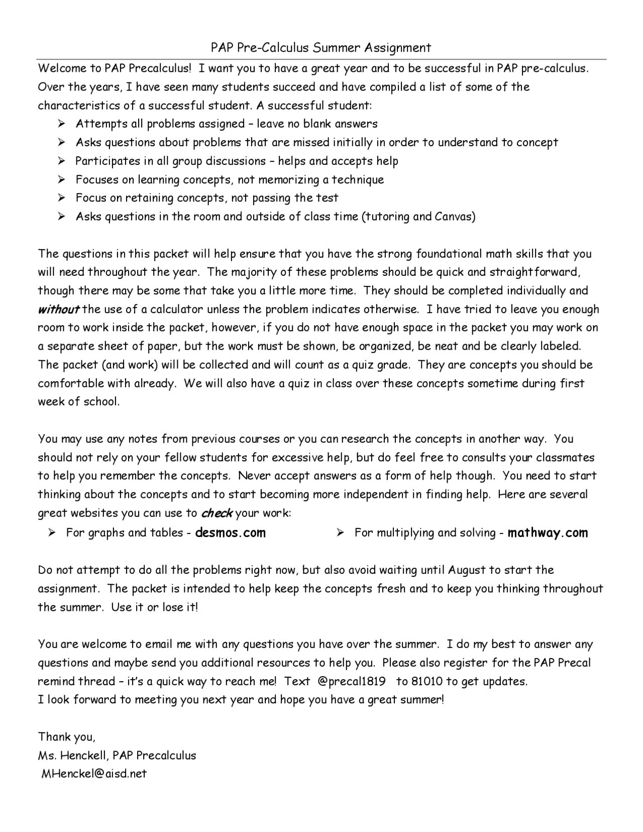 PAP Pre-Calculus Summer Assignment desmos.com mathway ... | Lecture ...