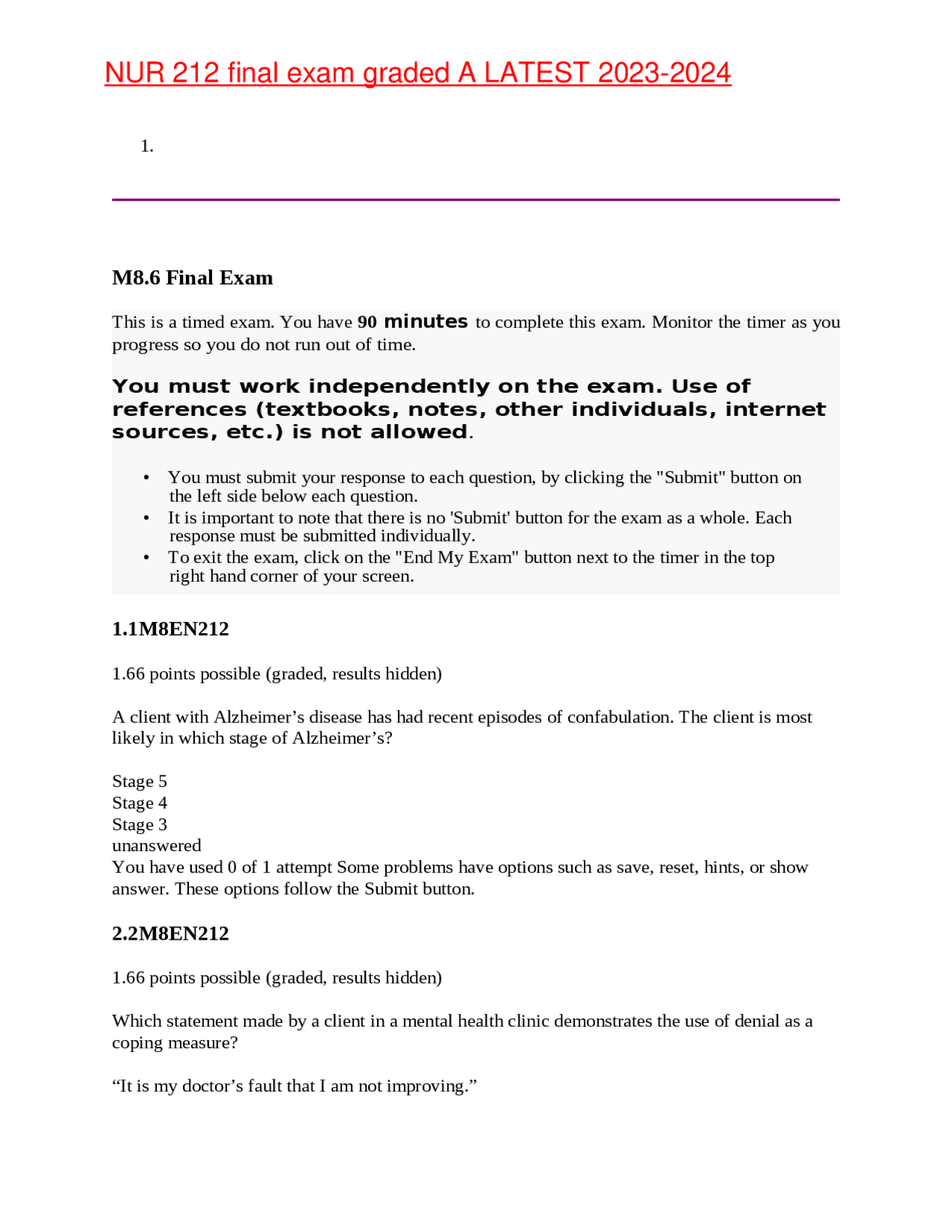 NUR 212 Final Exam Graded A Latest 2023-2024 | Exams Nursing | Docsity