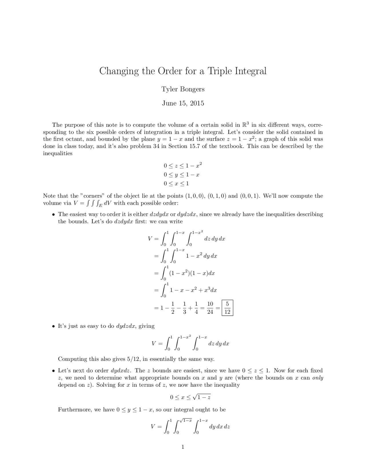 Changing the Order for a Triple Integral | Exercises Differential and ...