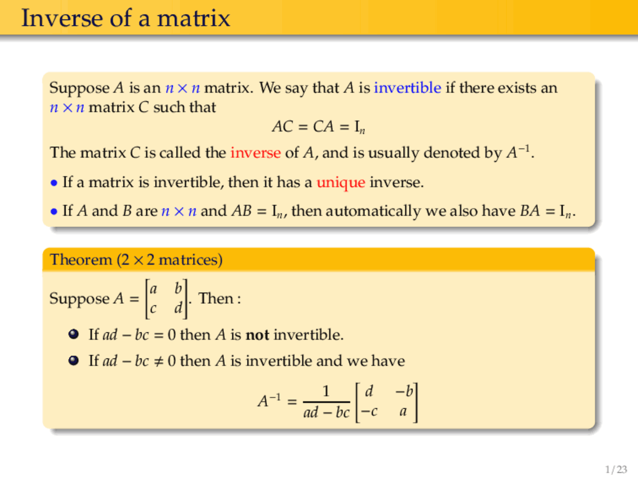 Inverse of a matrix | Lecture notes Linear Algebra | Docsity