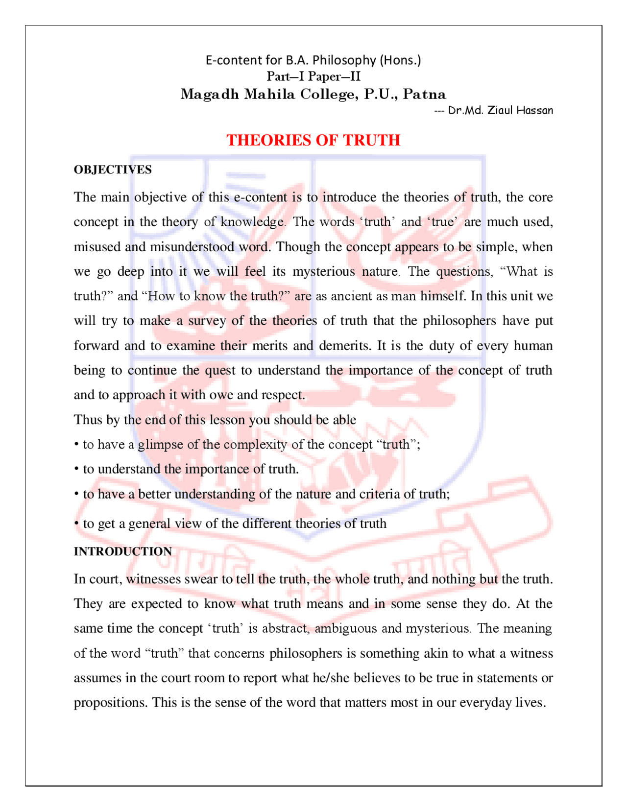 THEORIES OF TRUTH | Magadh Mahila College | Lecture notes Philosophy ...