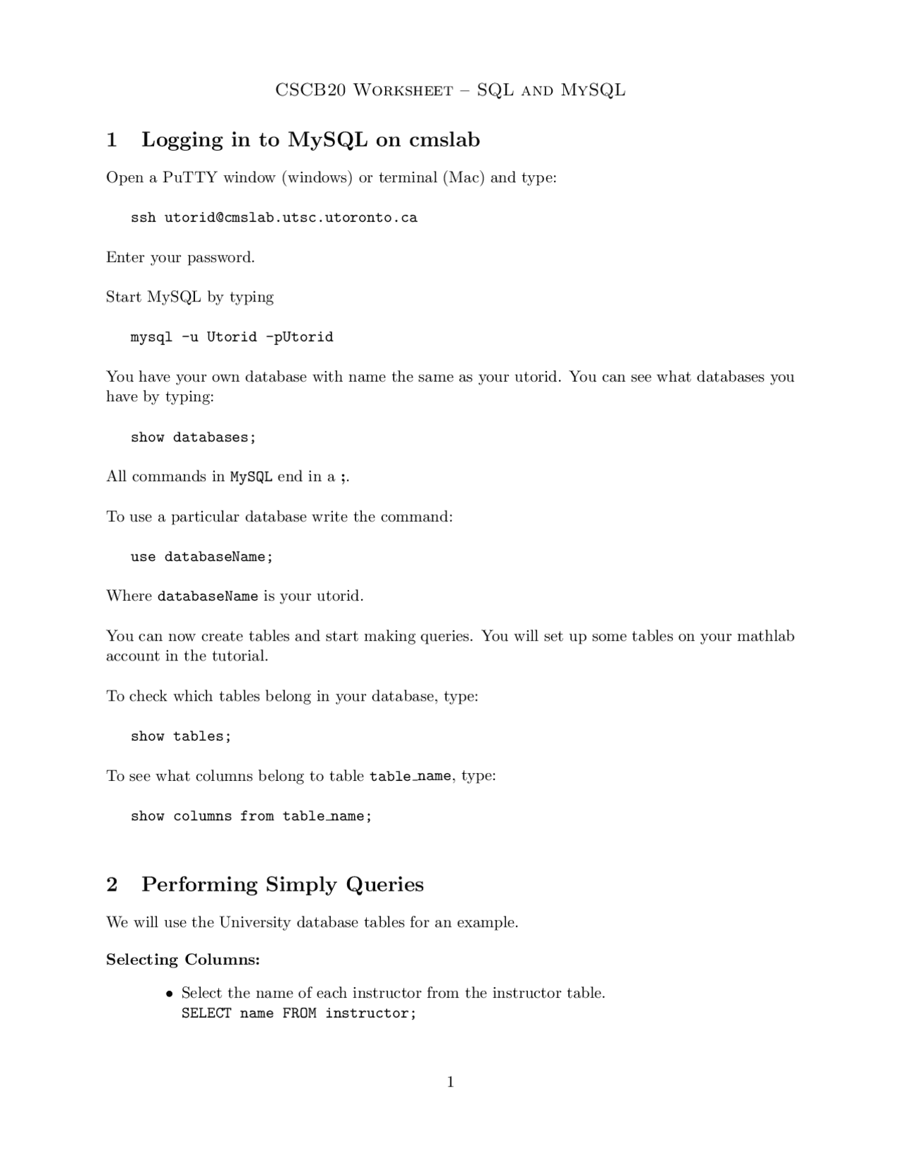 1 Logging in to MySQL on cmslab 2 Performing Simply Queries | Study ...