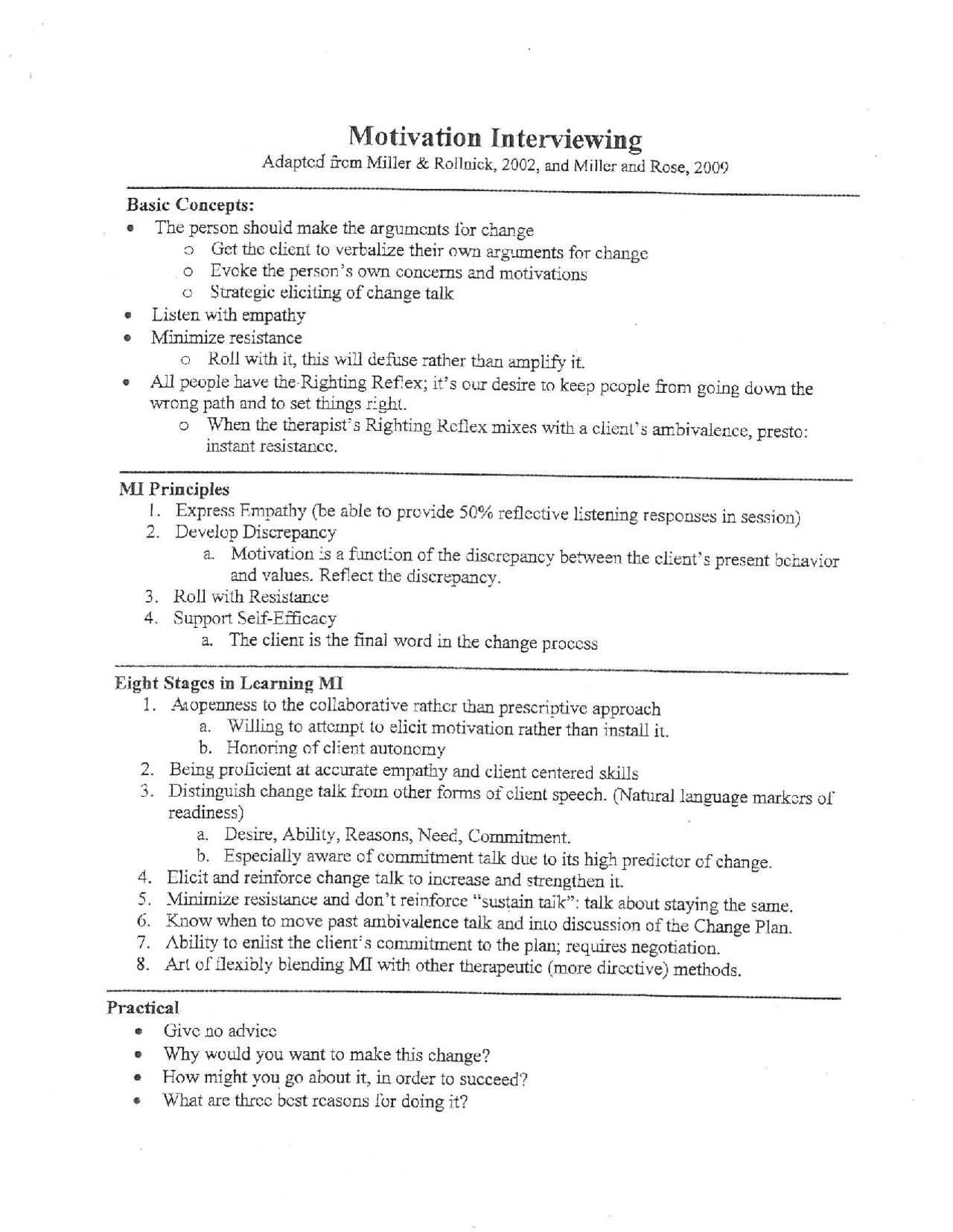 Motivational Interviewing Cliff Notes | Exams Negotiation | Docsity