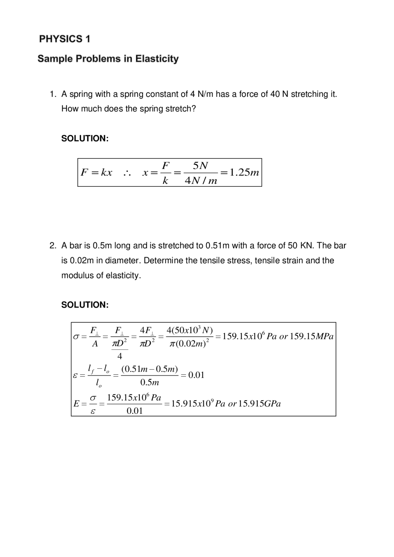 Elastic Problem/question Physics 1: Sample Problems in Elasticity | Exercises Physics | Docsity