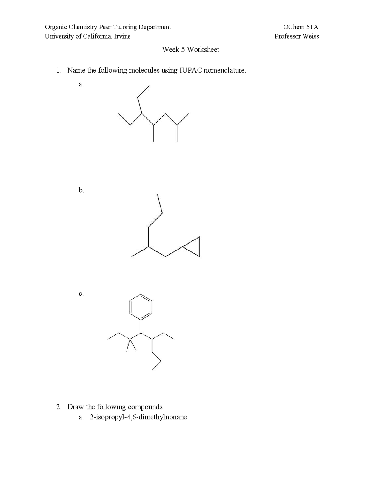 Week 5 Worksheet | Study notes Organic Chemistry | Docsity