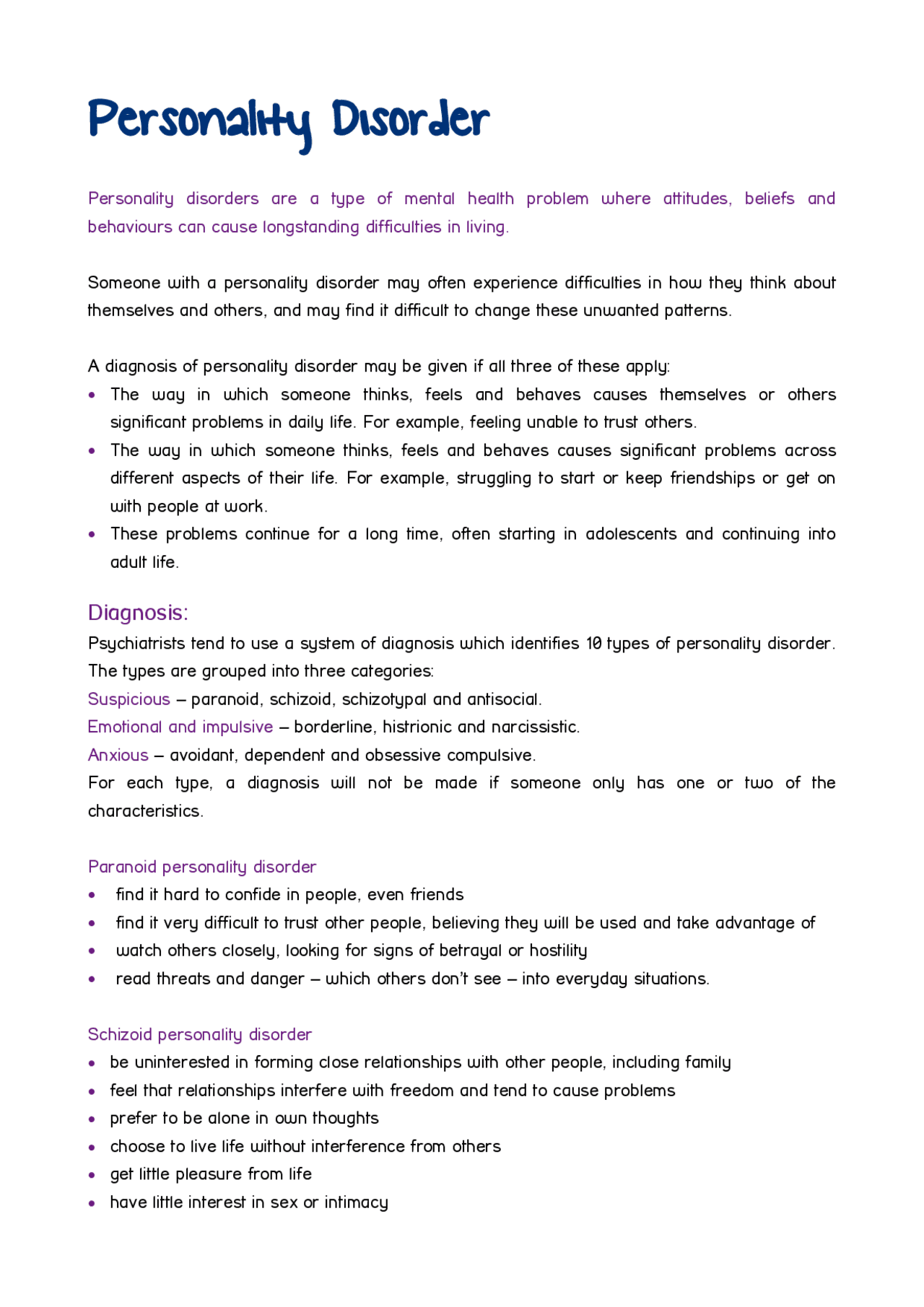 Personality Disorder | Lecture notes Personality Psychology | Docsity